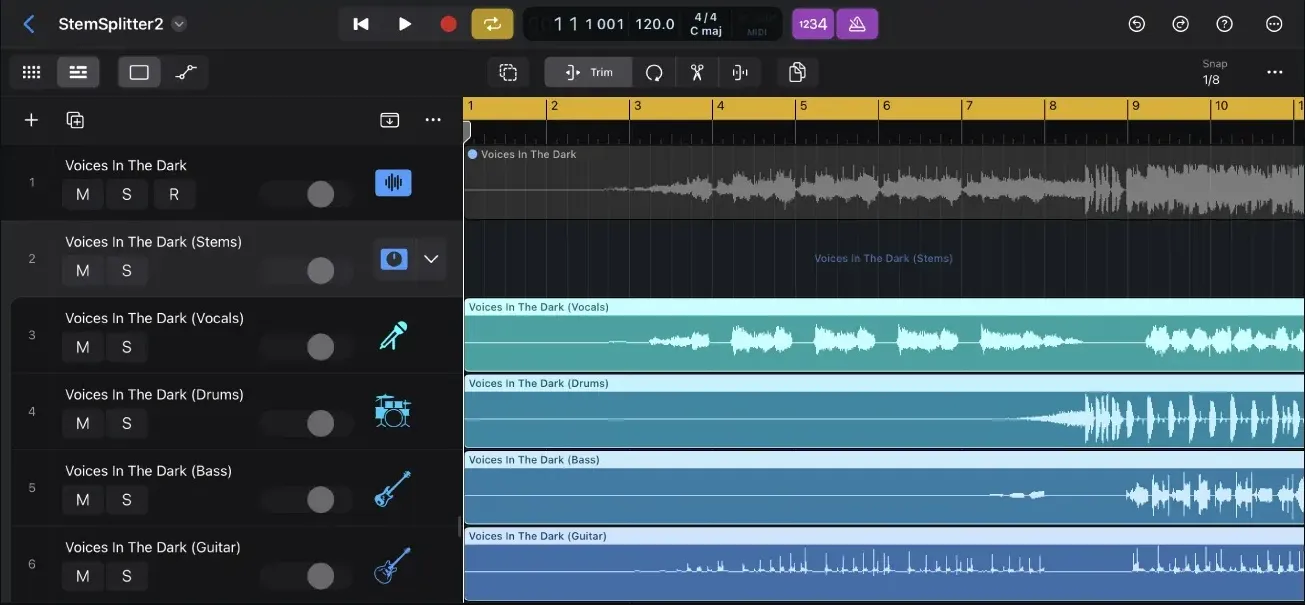 Extracted audio tracks beneath the source track in Logic Pro for iPad