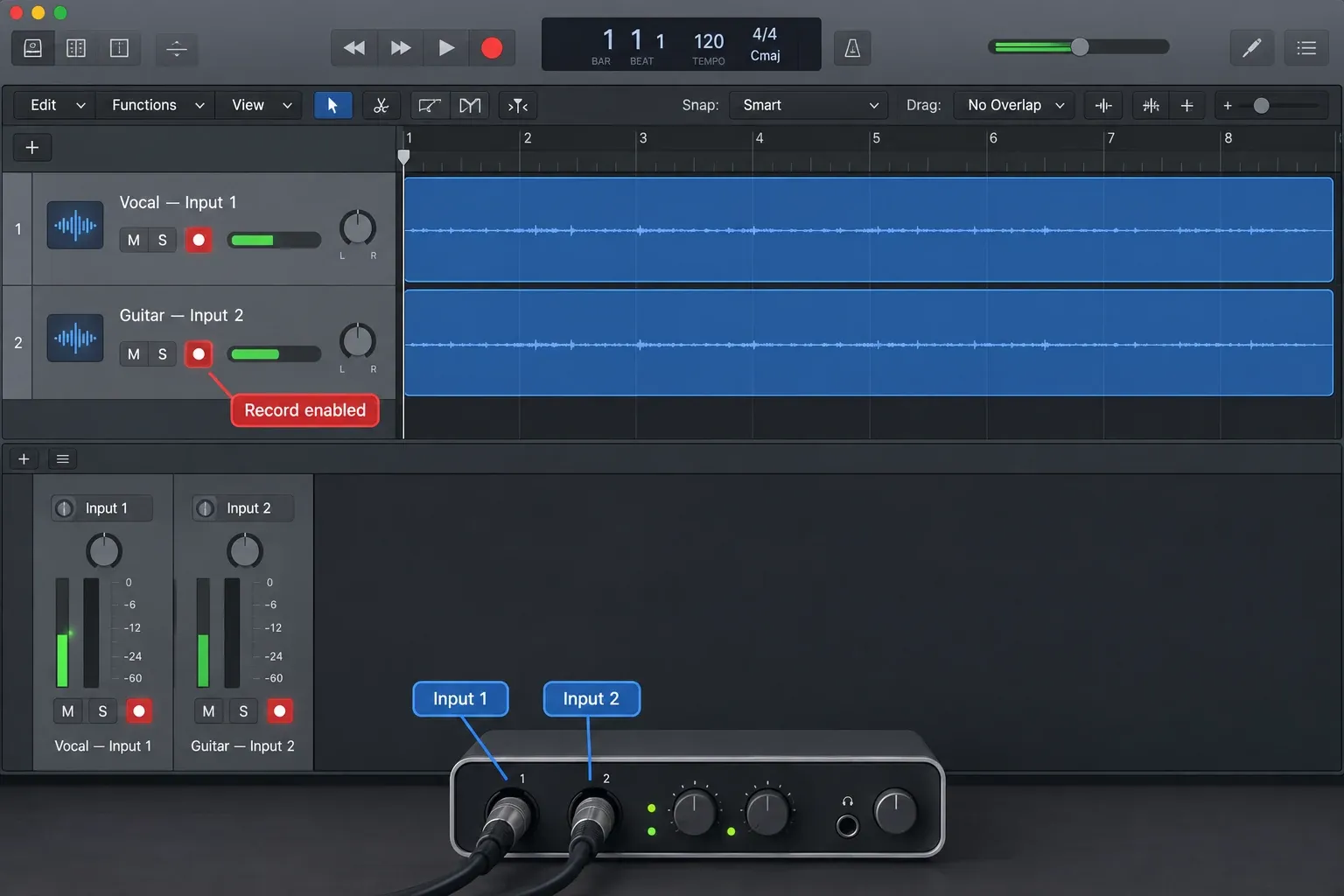 Illustrated Logic Pro session with vocal and guitar tracks armed on Inputs 1 and 2