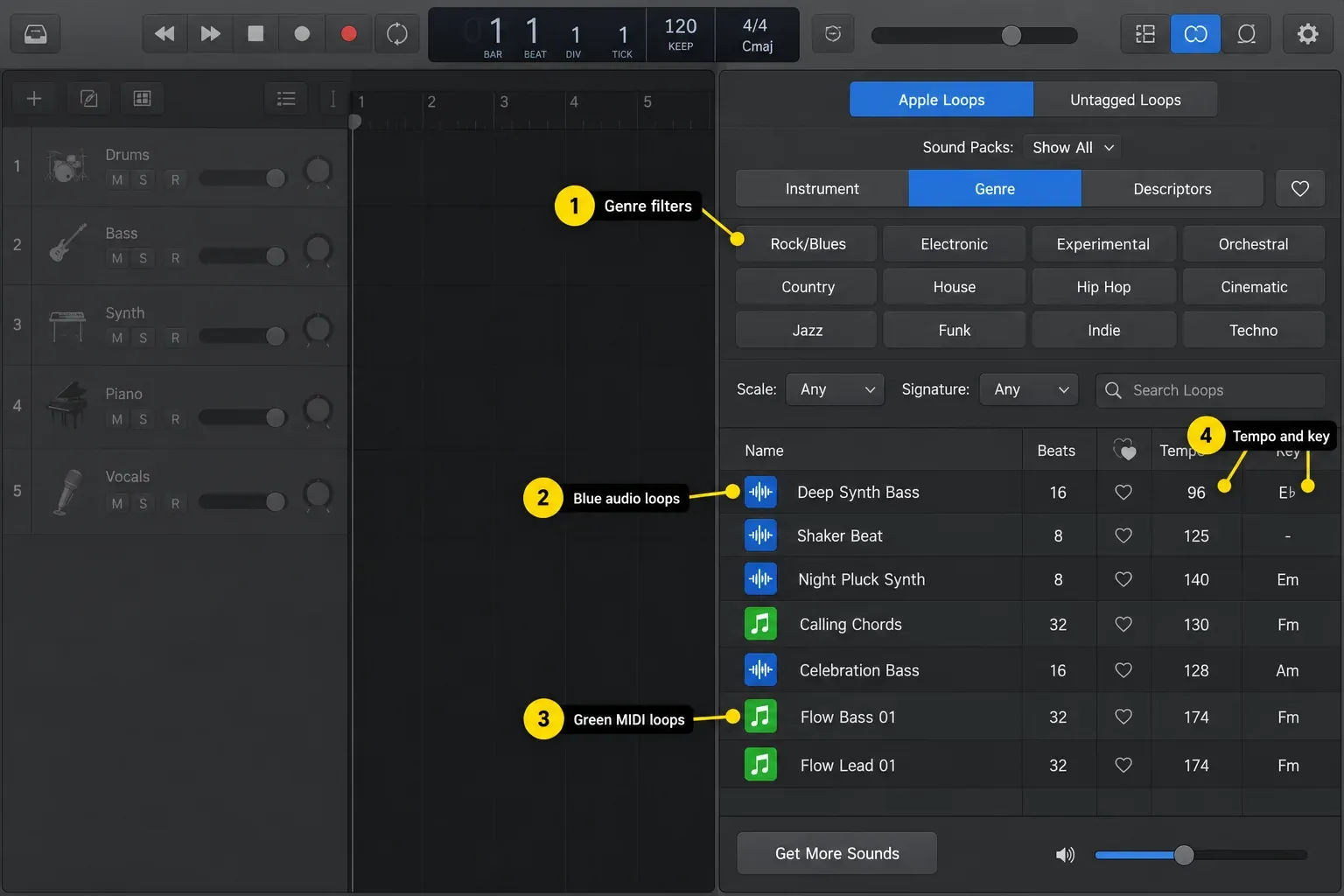 Logic Pro Loop Browser with genre filters and a results list of blue audio and green MIDI Apple Loops