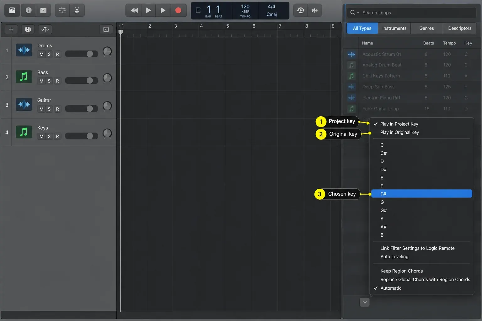 Logic Pro Loop Browser Play in Key menu with Project Key, Original Key and a list of specific keys