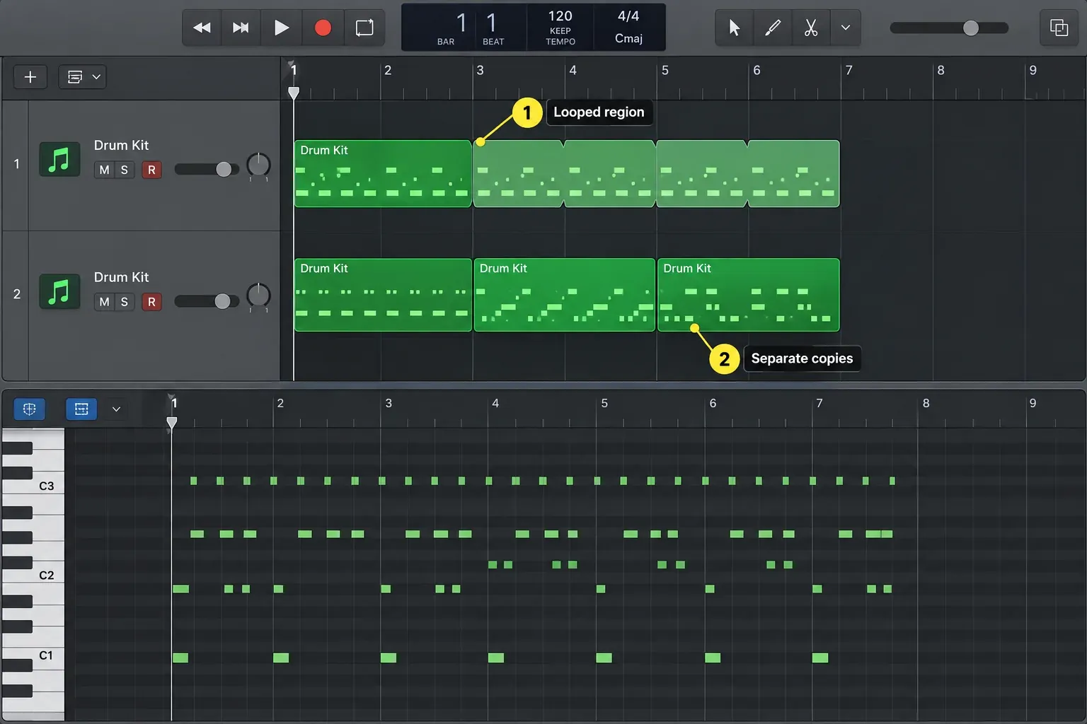 Logic Pro MIDI region looped across bars beside separate editable copies of the same region