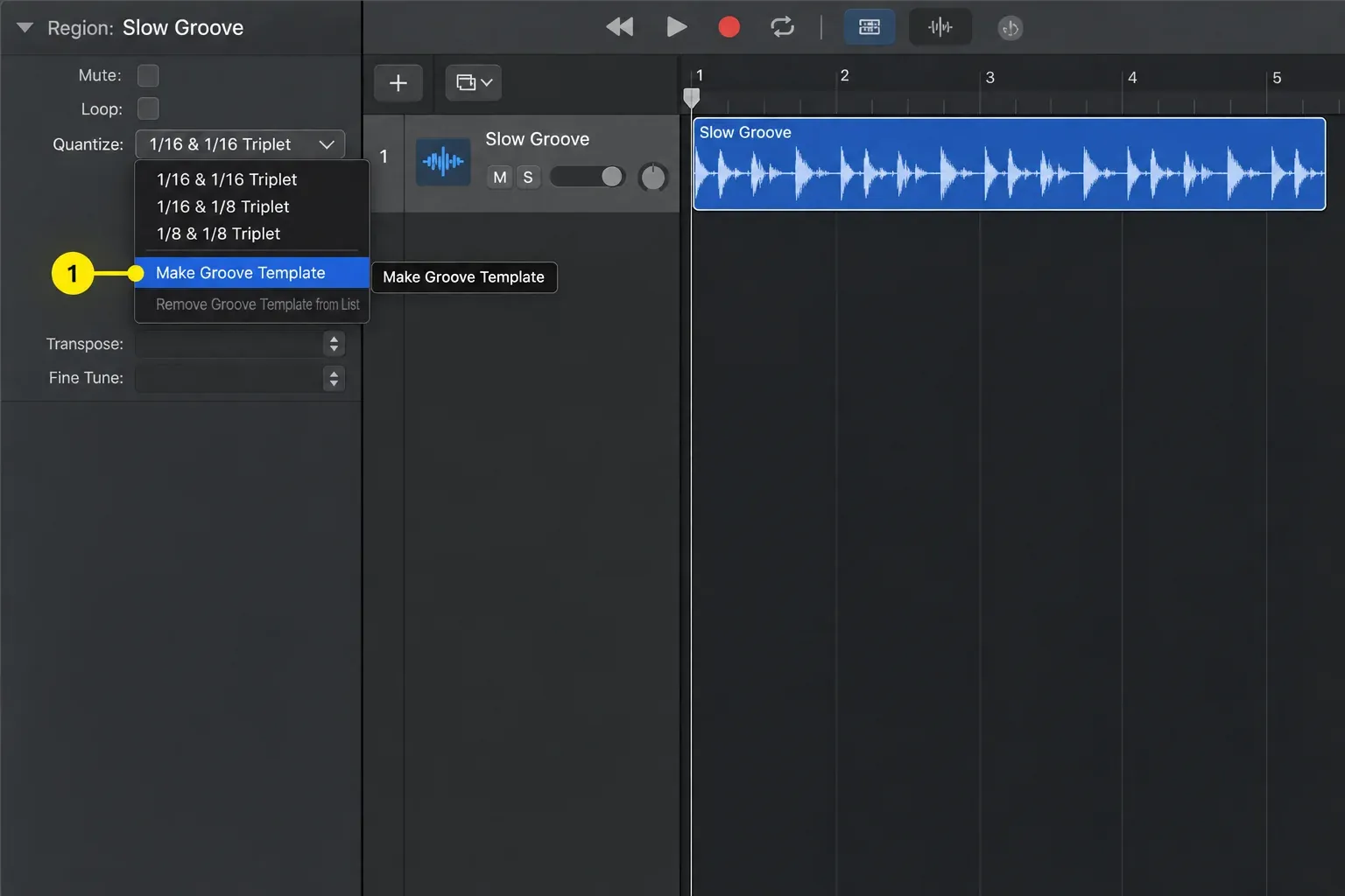 Make Groove Template highlighted in the Logic Pro Region inspector Quantize menu for a Slow Groove region