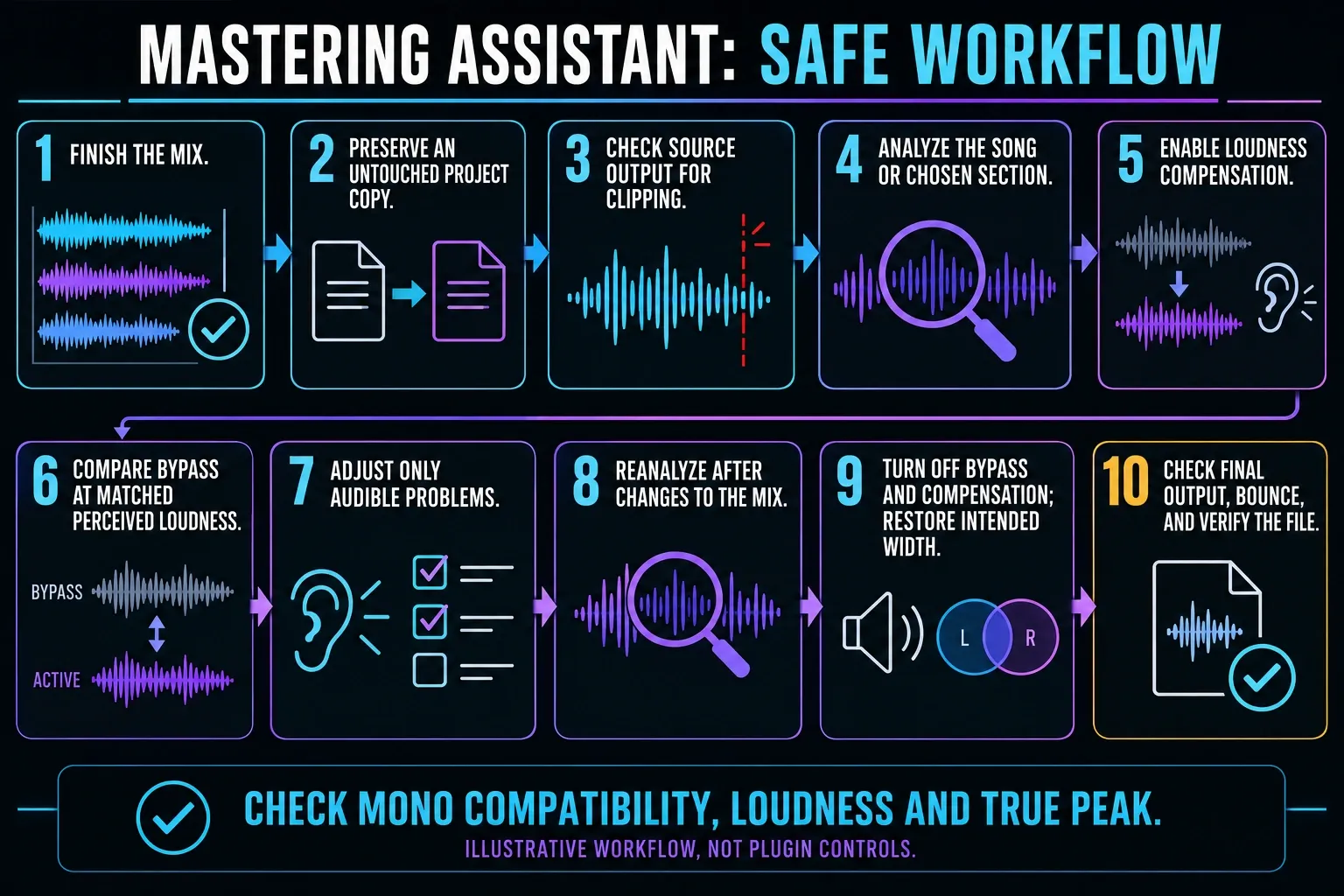 Conceptual mastering workflow from a protected mix through matched comparison, final output checks and bounce verification