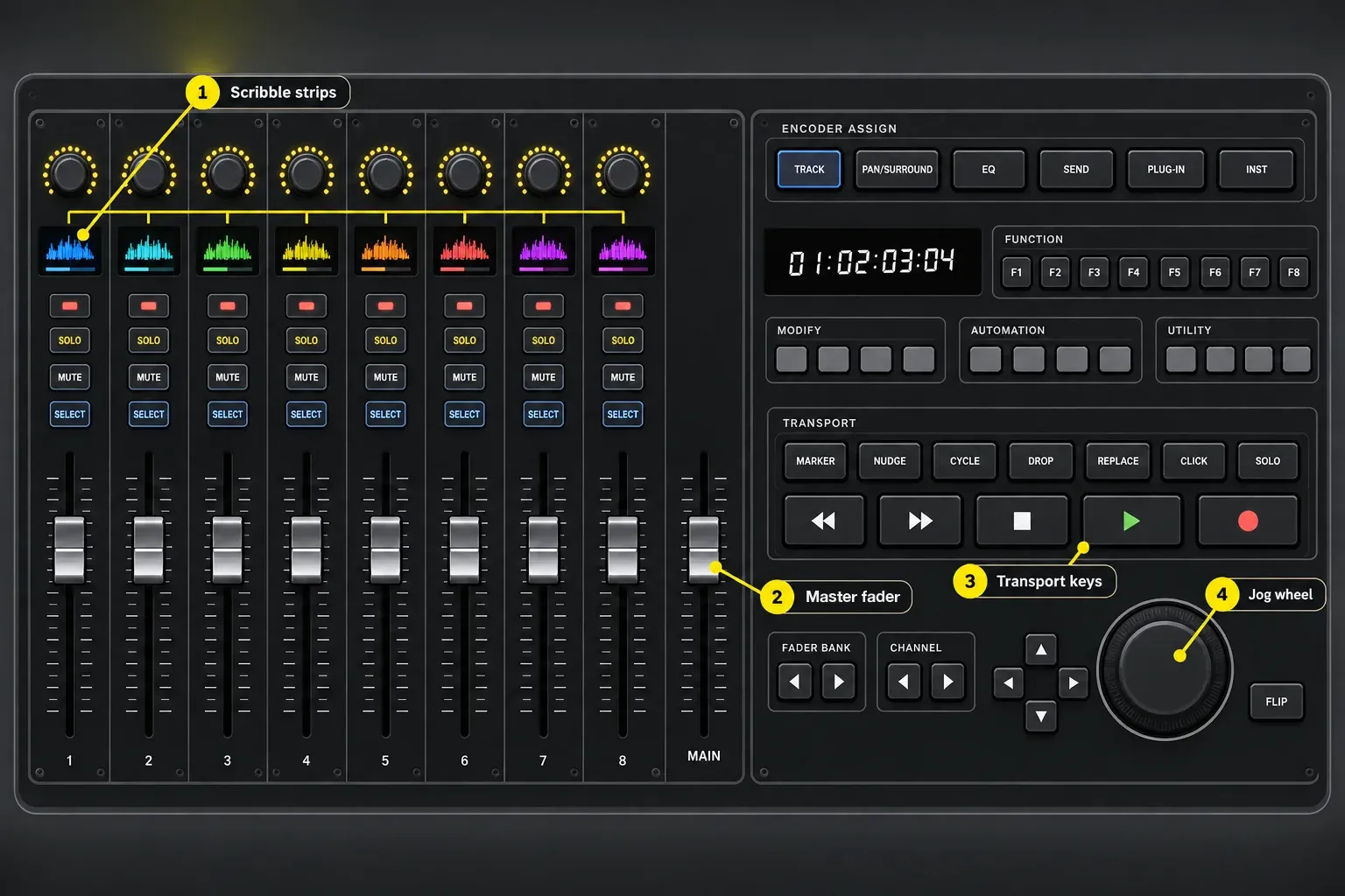 Behringer X-TOUCH layout with eight channel faders, a master fader, scribble strips, transport keys and jog wheel