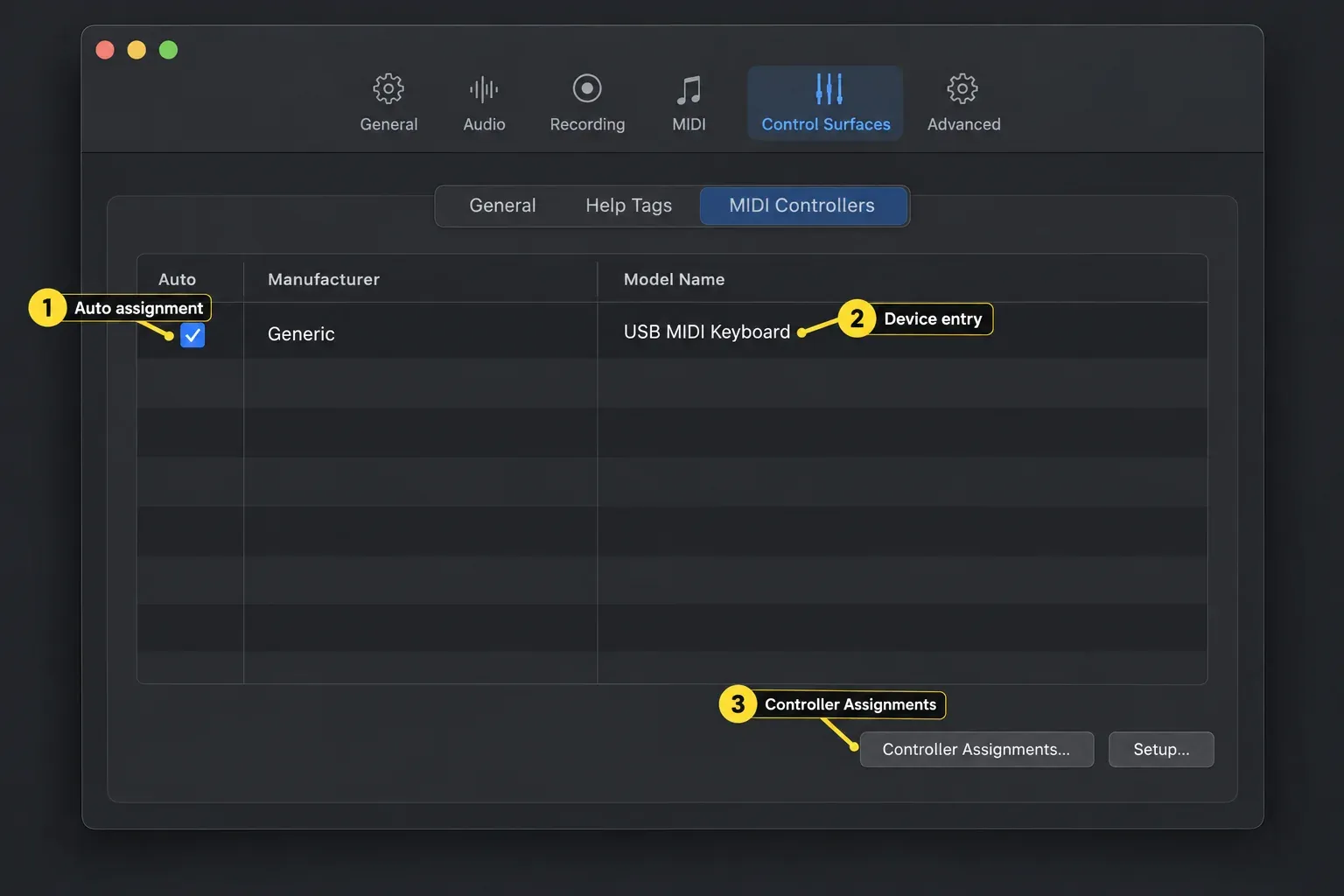 Logic Pro MIDI Controllers settings with an Auto checkbox, a USB MIDI keyboard entry and Controller Assignments