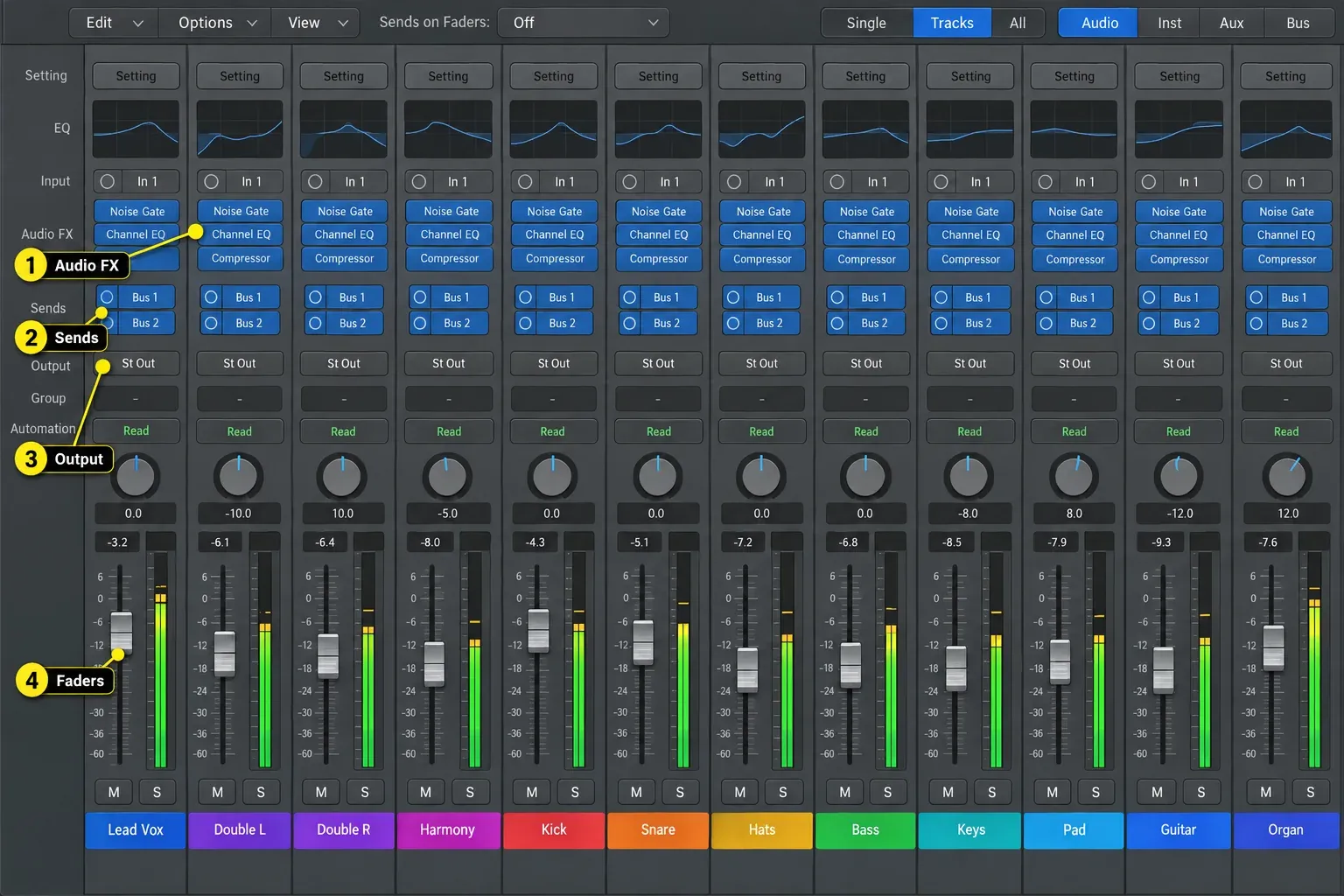 Logic Pro mixer with plug-in inserts, sends, output routing, pan controls and faders across channel strips