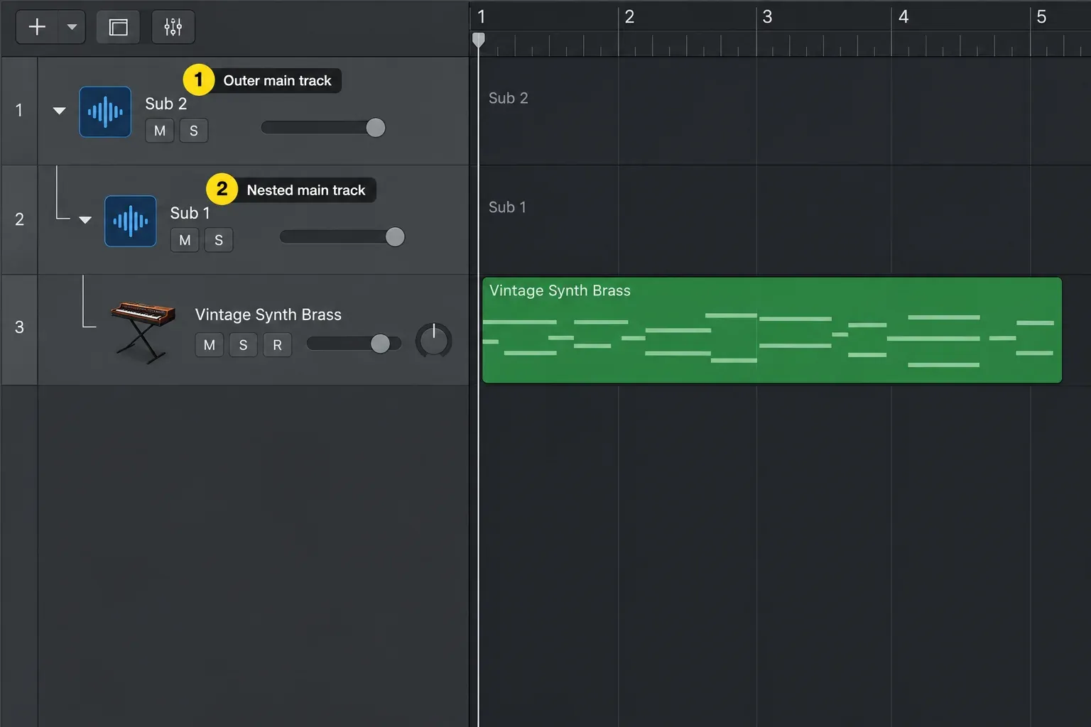 Nested Folder Stacks with main tracks Sub 2 and Sub 1 above an instrument subtrack in Logic Pro