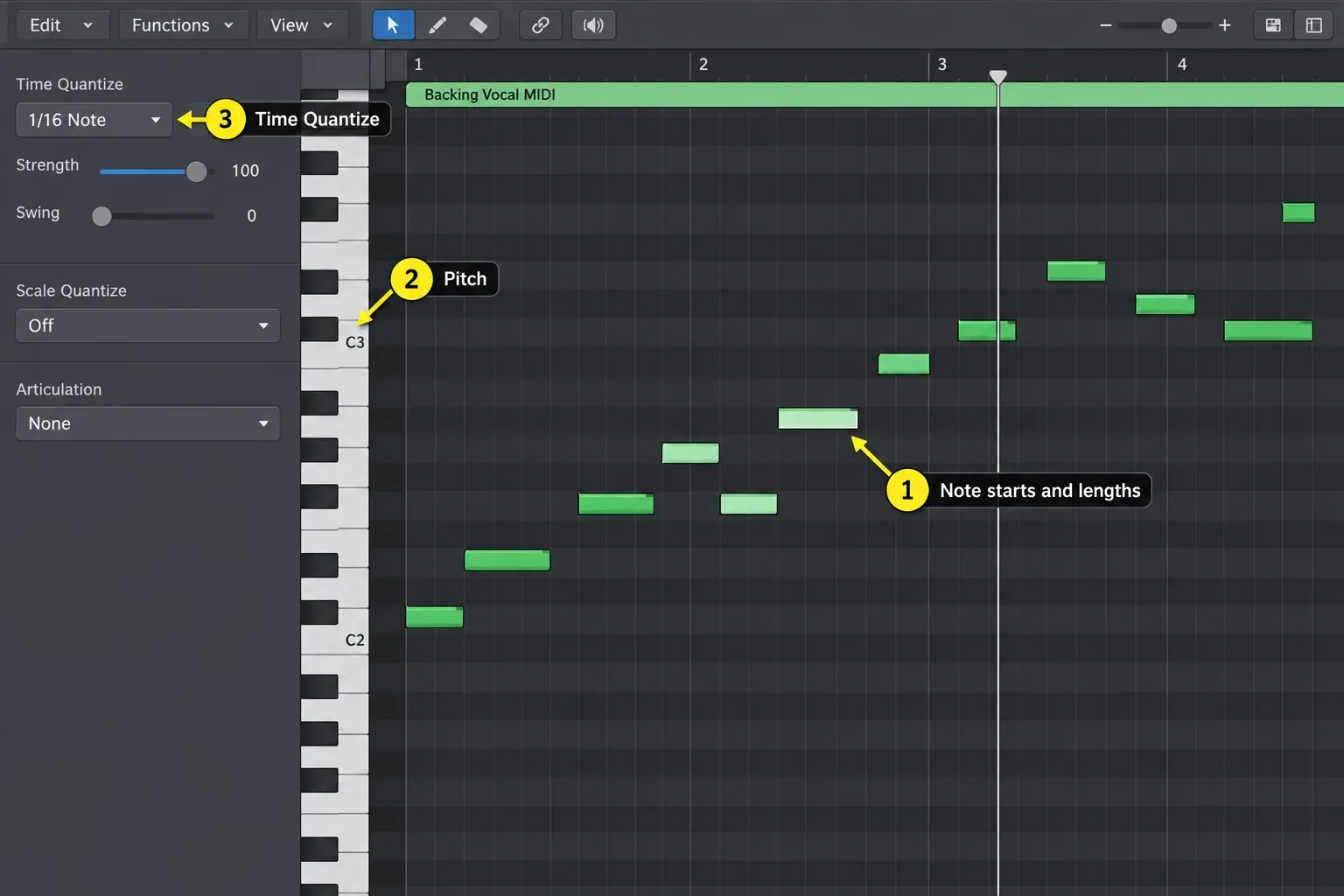 Logic Pro Piano Roll Editor with converted MIDI notes, the Time Quantize inspector and selected notes
