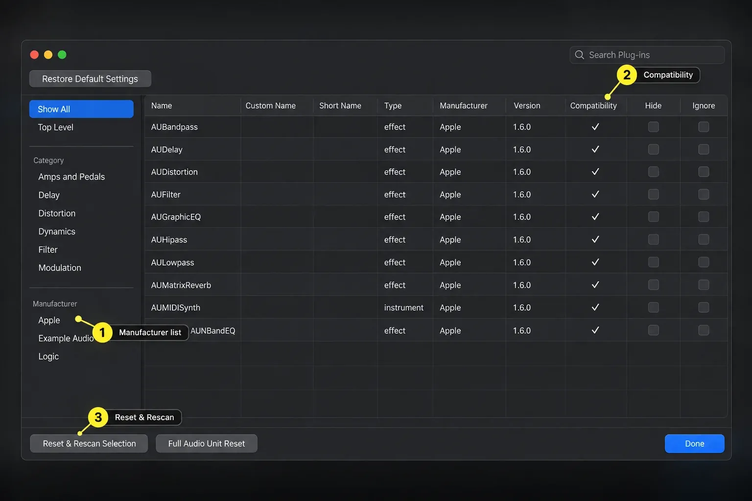 Logic Pro Plug-in Manager with Manufacturer list, Compatibility checks, Hide and Ignore columns