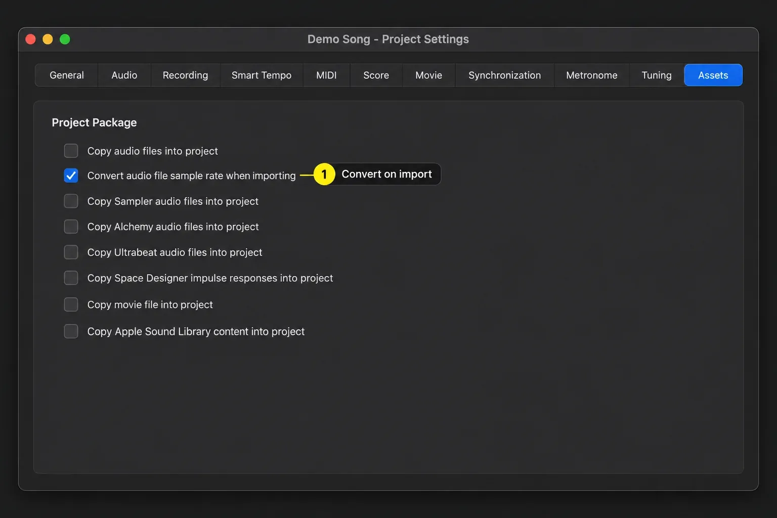 Logic Pro Project Settings Assets pane with Convert audio file sample rate when importing checked