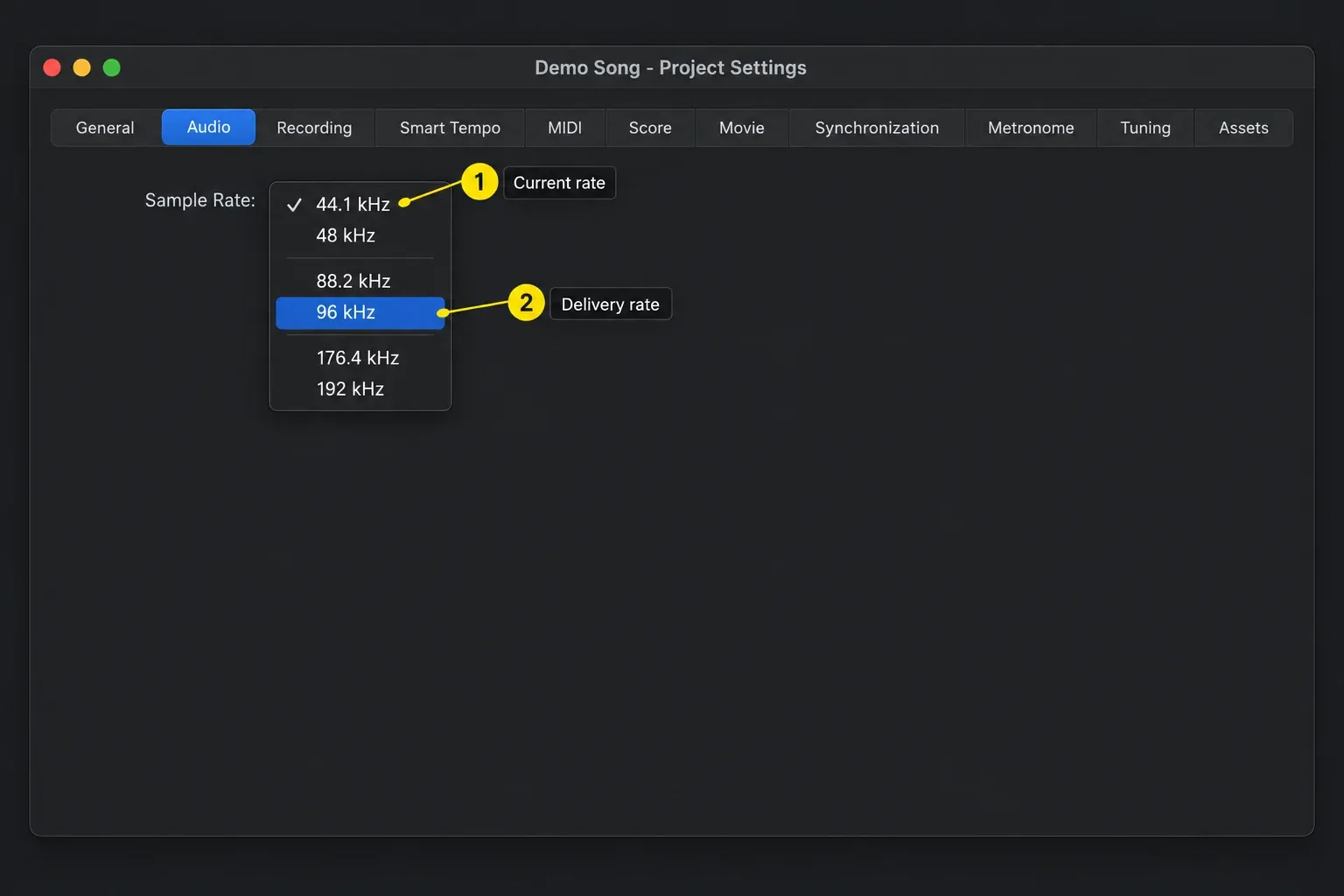 Logic Pro project sample rate menu with 44.1, 48, 88.2, 96, 176.4 and 192 kHz choices
