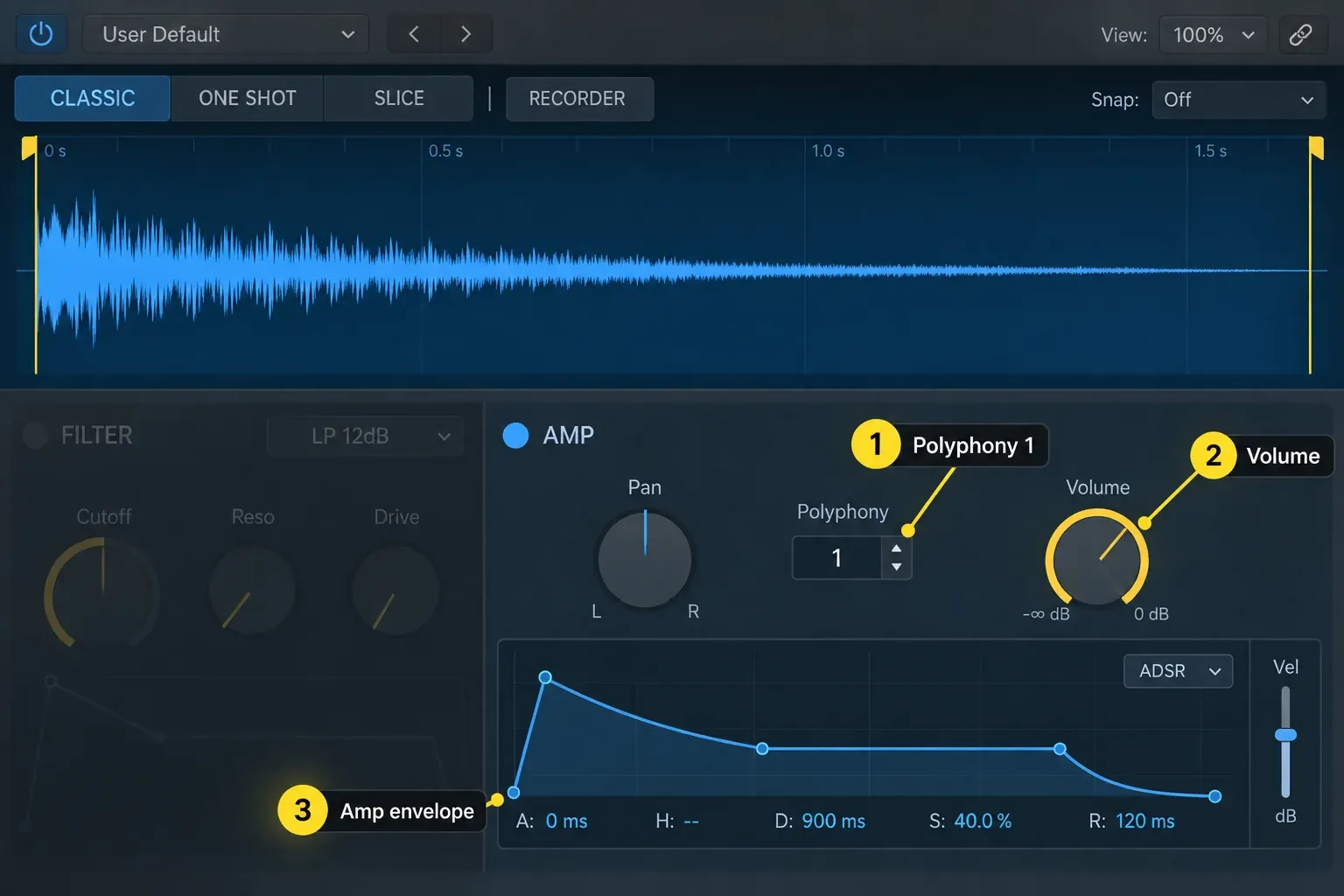 Quick Sampler Amp section with Polyphony set to 1, Pan, Volume and an ADSR amplitude envelope
