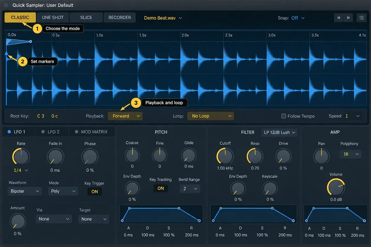 Logic Pro Quick Sampler with a loaded drum waveform and Classic playback mode selected
