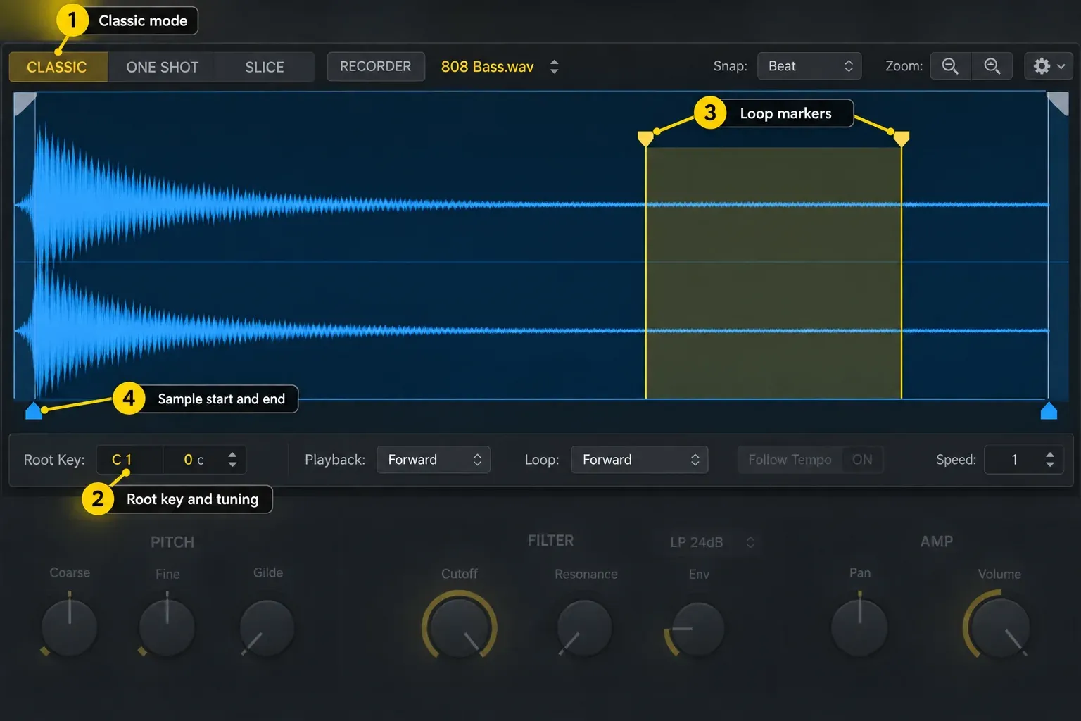 Quick Sampler Classic mode with an 808 waveform, root key, playback direction and loop markers