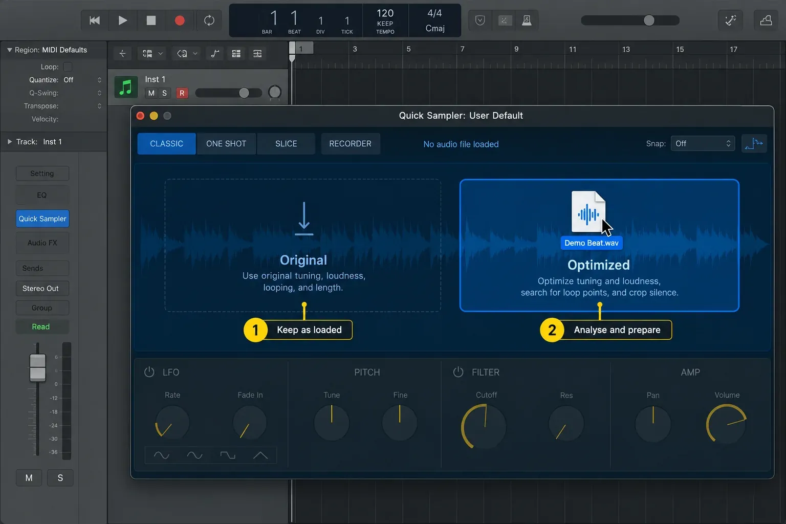 Logic Pro Quick Sampler empty waveform area with Original and Optimized drop zones and a file being dropped