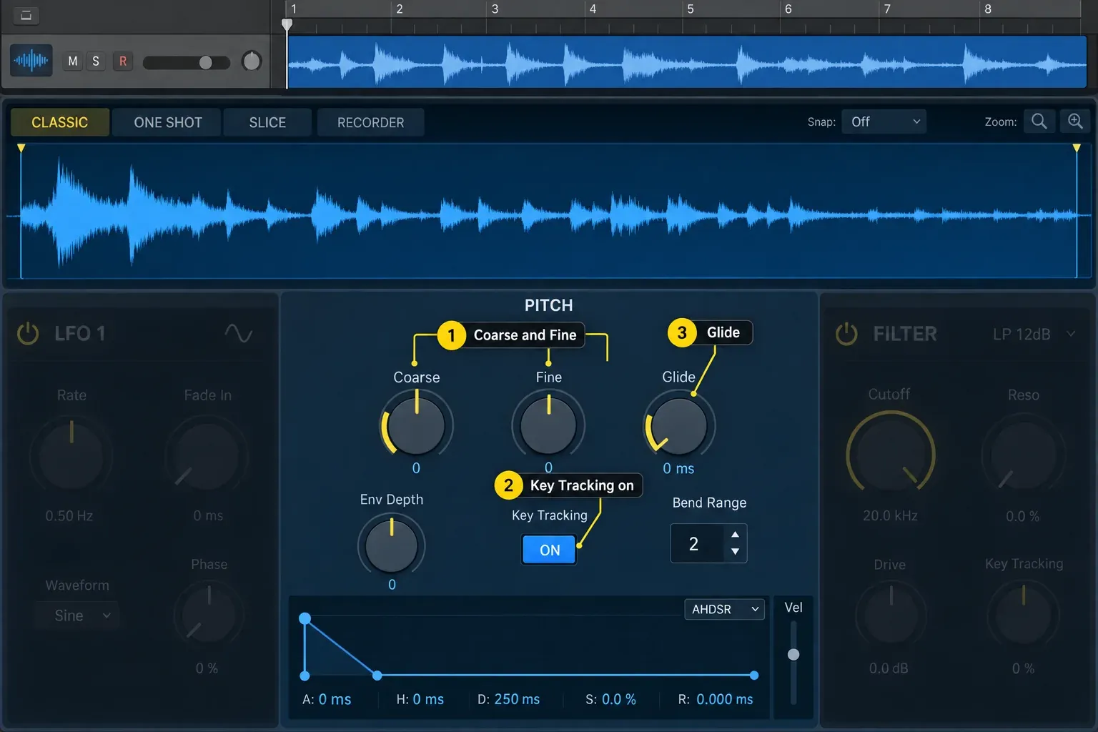 Quick Sampler Pitch section with Coarse, Fine, Glide, Env Depth, Key Tracking on and Bend Range