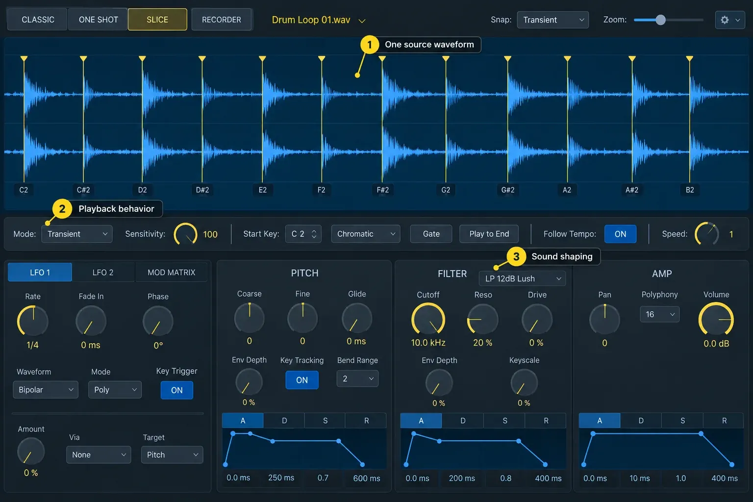 Logic Pro Quick Sampler with one drum-loop waveform, playback controls and Pitch, Filter and Amp panels
