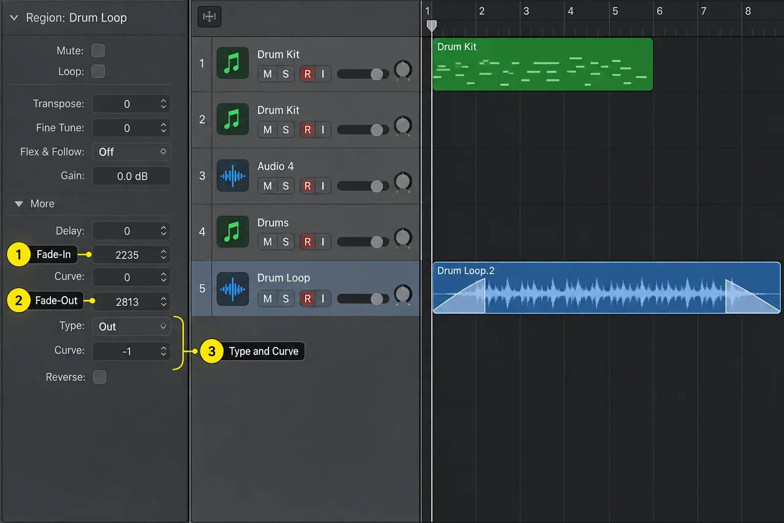 Logic Pro Region inspector with Fade-In, Fade-Out, Type and Curve values beside an audio region with fades