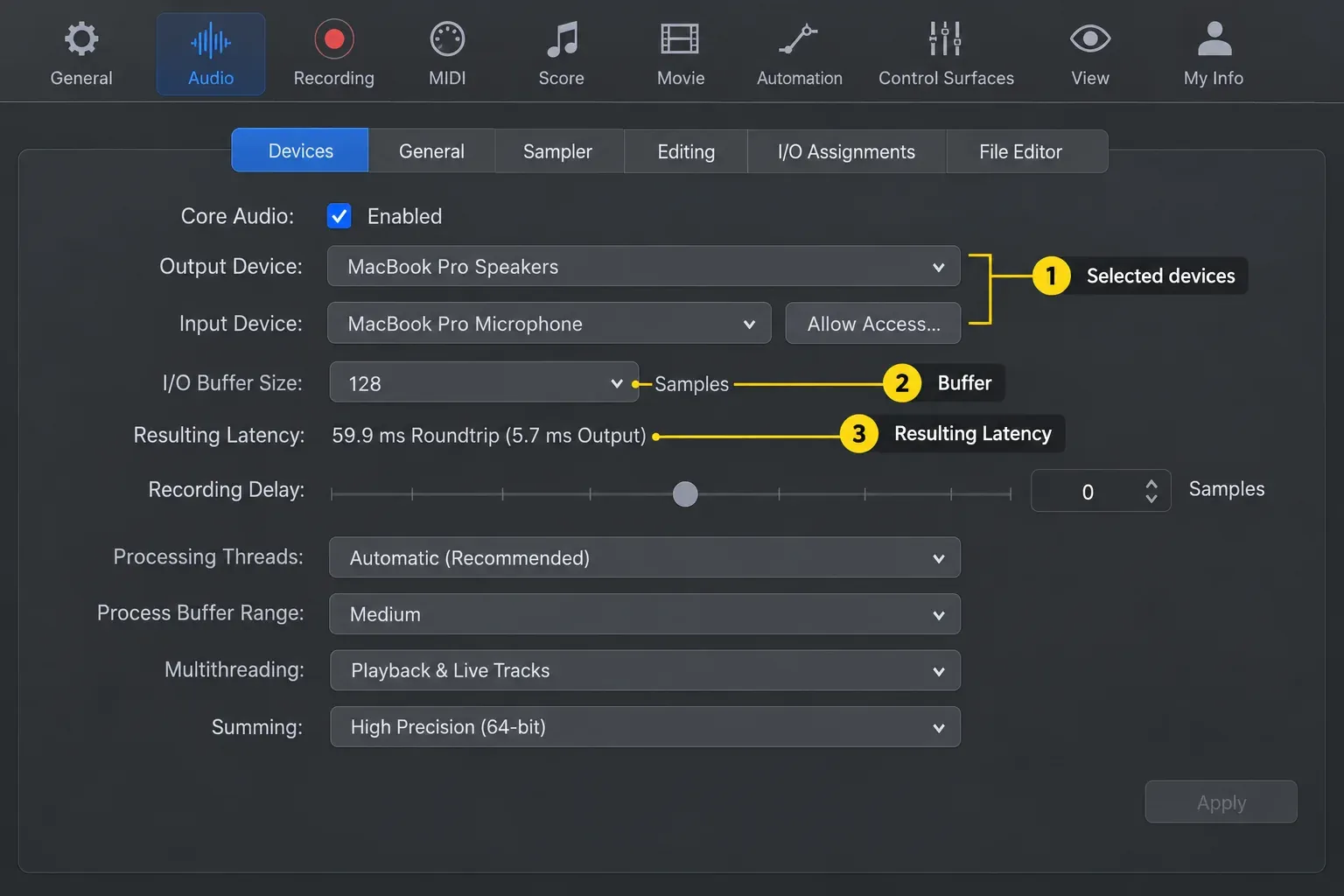 Logic Pro Audio Devices settings showing Resulting Latency for the selected devices and 128-sample buffer