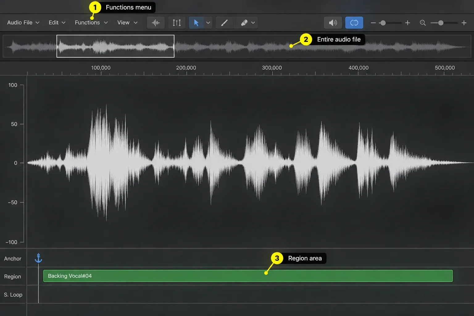 Logic Pro Audio File Editor with the Functions menu, file overview strip and a vocal waveform