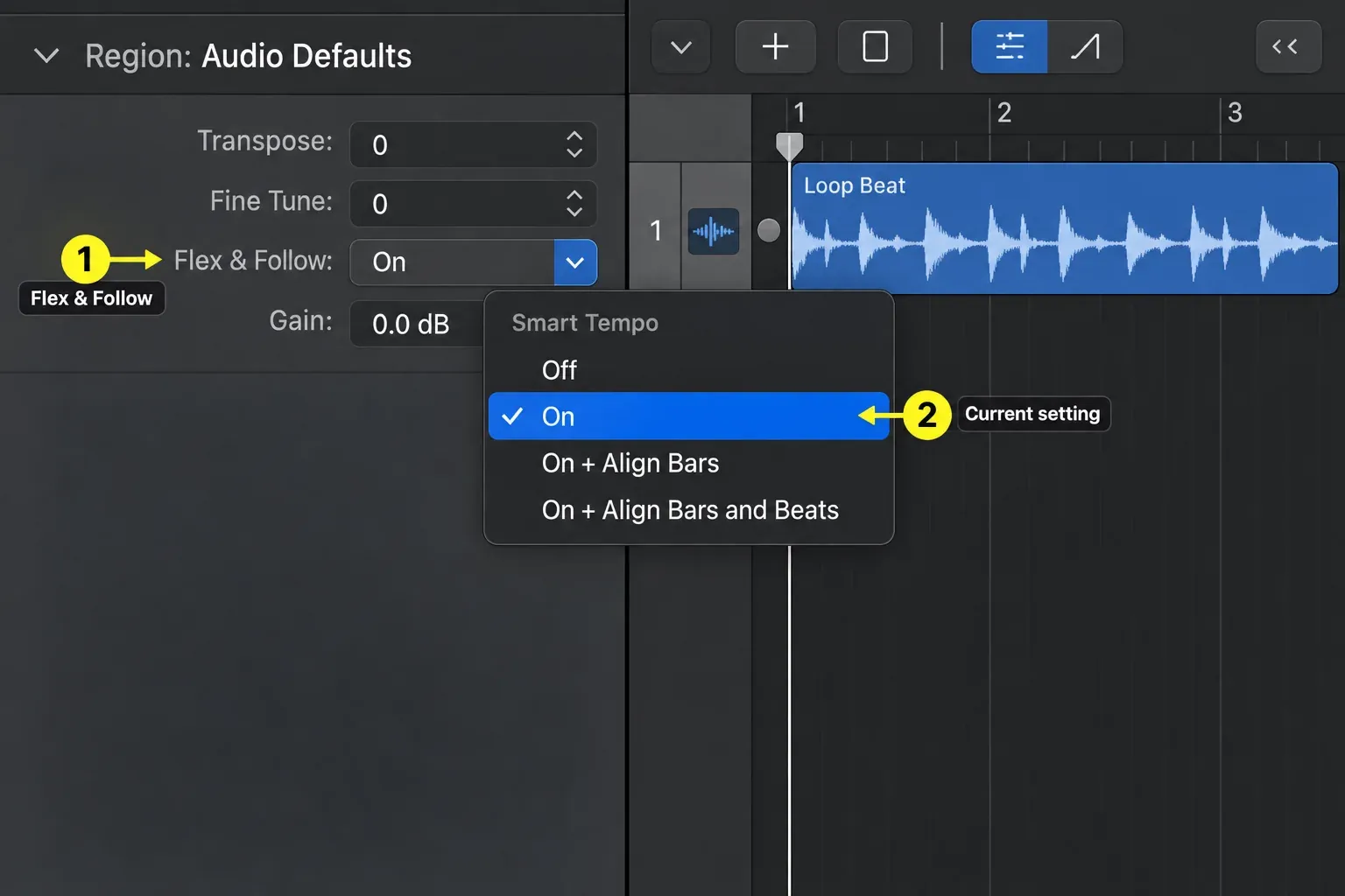 Logic Pro Flex & Follow menu with Off, On, On + Align Bars and On + Align Bars and Beats choices