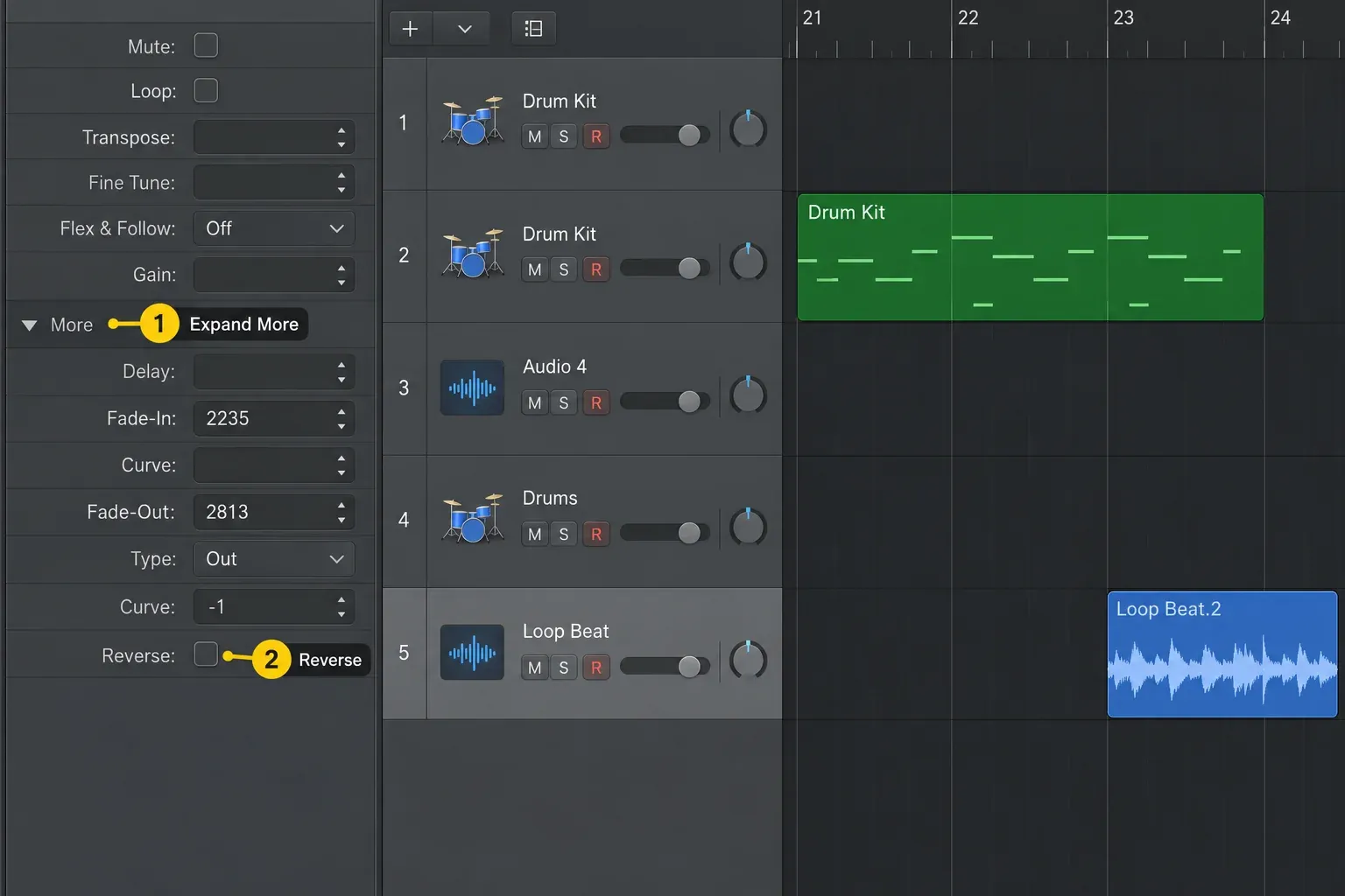 Logic Pro Region inspector with the More section expanded to show the Reverse checkbox for a selected audio region