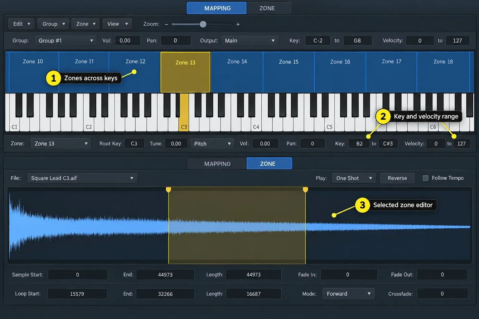 Logic Pro Sampler Mapping pane with zones across the keyboard and the Zone pane editing the selected sample