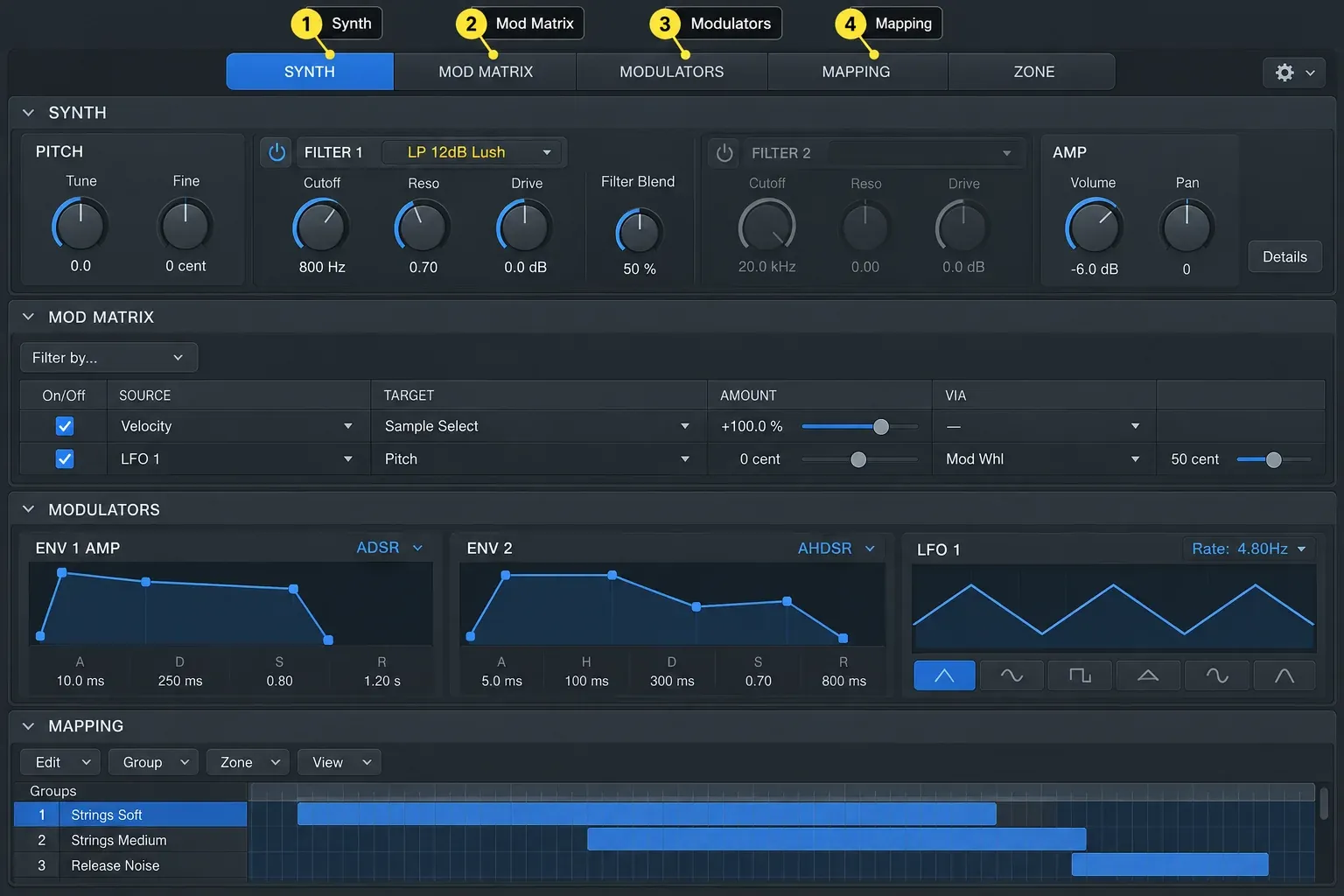 Logic Pro Sampler with Synth, Mod Matrix, Modulators and Mapping panes stacked in one window
