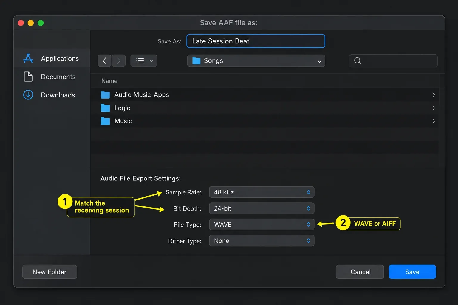 Save AAF file dialog in Logic Pro with Sample Rate, Bit Depth, File Type and Dither Type export settings