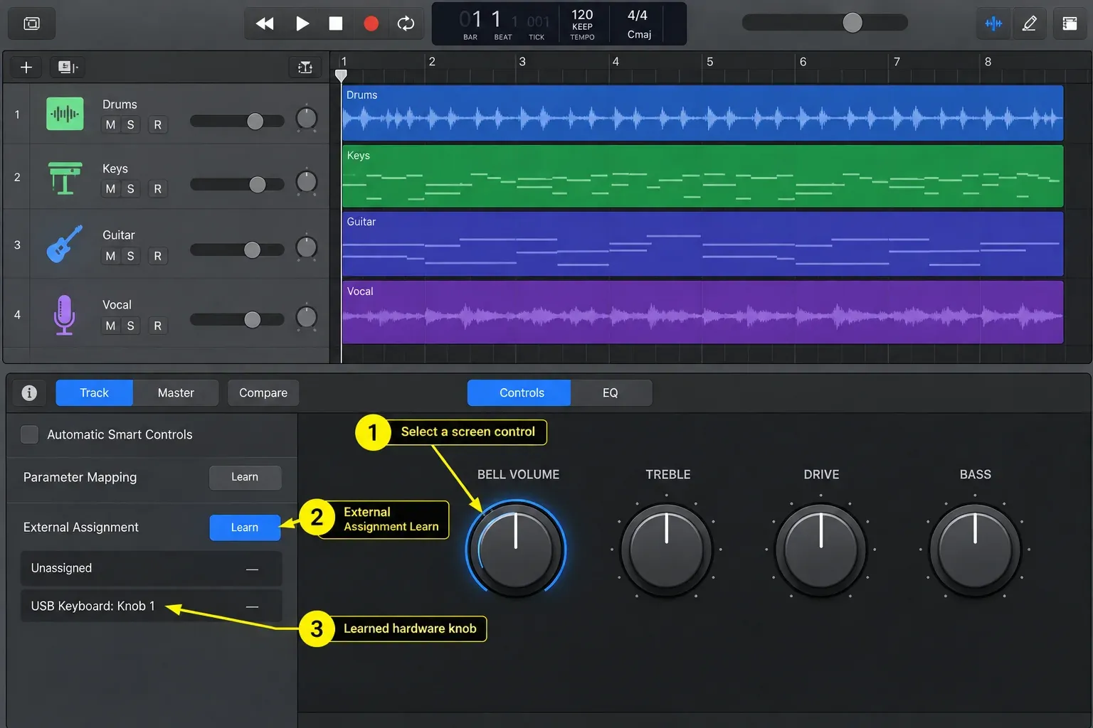 Logic Pro Smart Controls with Bell Volume selected and External Assignment Learn active