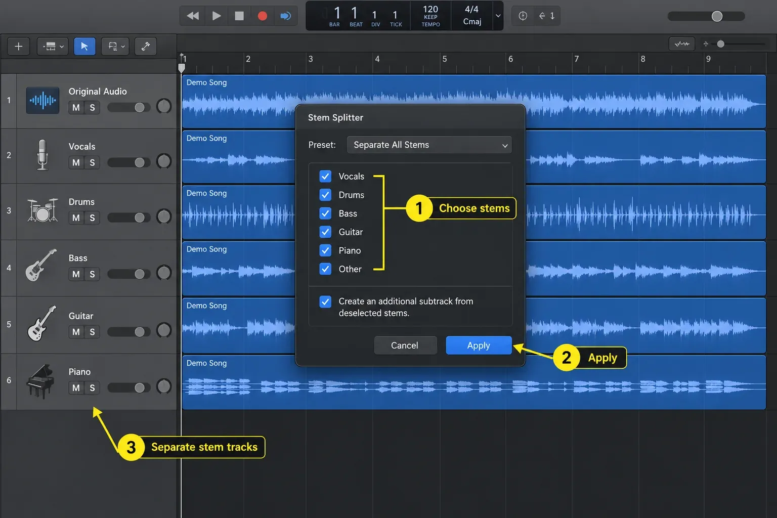 Logic Pro Stem Splitter dialog with vocals, drums, bass, guitar and piano stems and the resulting stem tracks