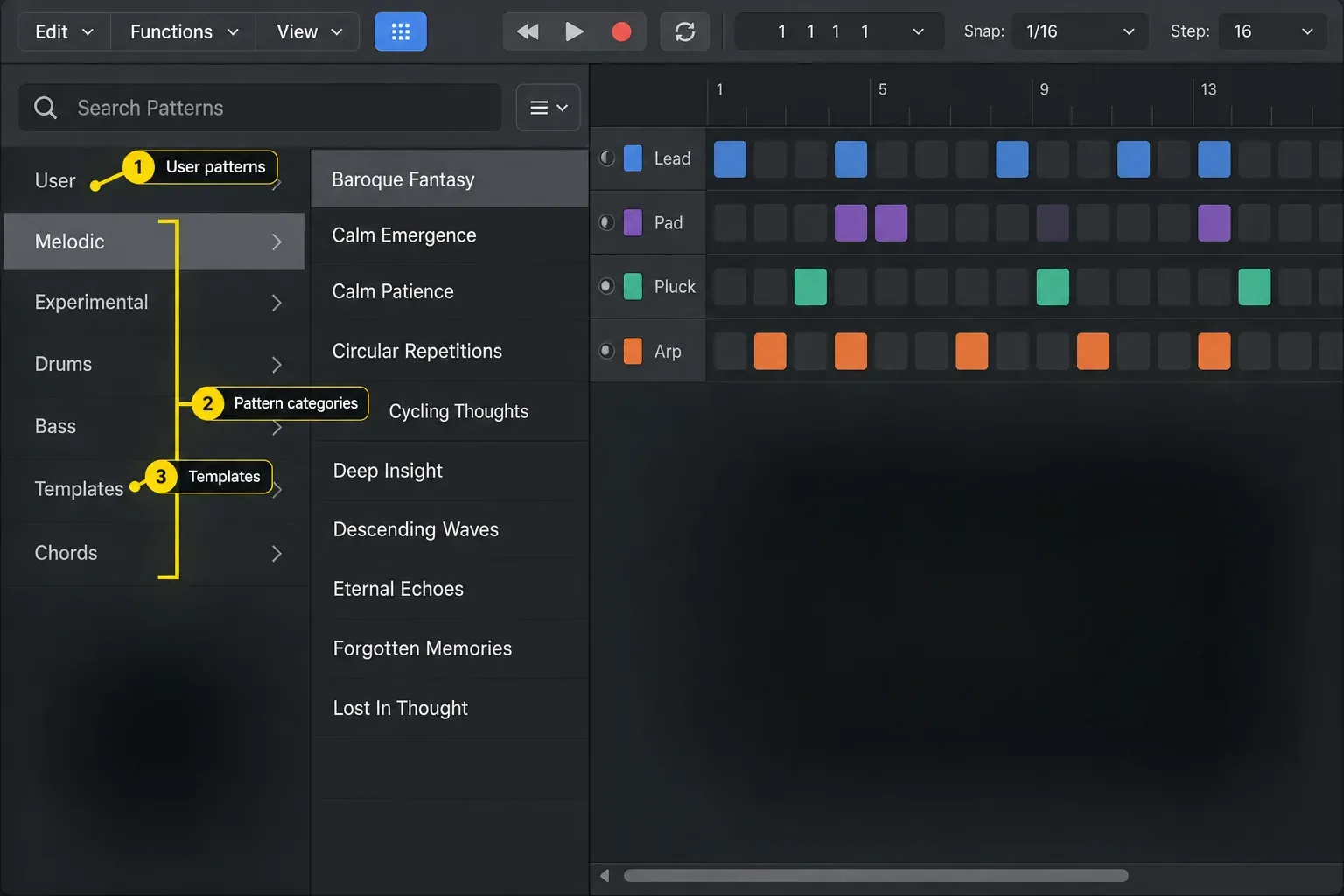 Logic Pro Step Sequencer Pattern Browser with User, Melodic, Experimental, Drums, Bass, Templates and Chords categories