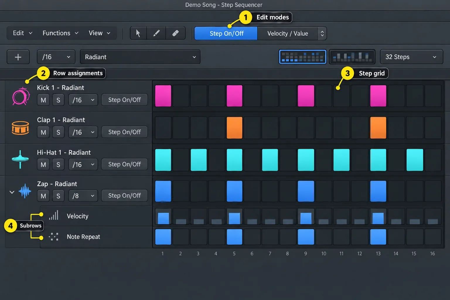 Logic Pro Step Sequencer with drum row headers, active steps, edit mode selector and Velocity and Note Repeat subrows