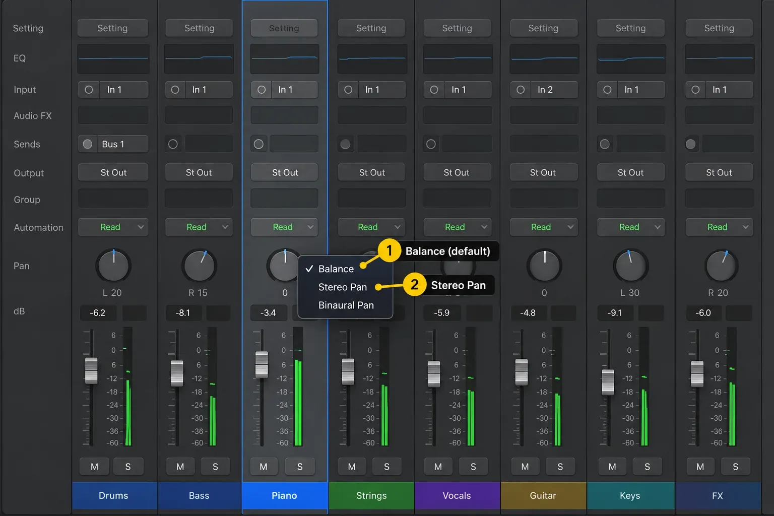 Logic Pro panning shortcut menu on a Piano channel with Balance checked and Stereo Pan available