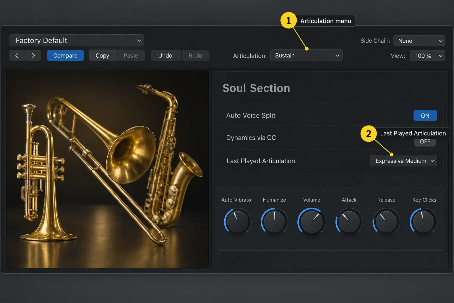 Logic Pro Studio Horns window with the Articulation menu in the header and the Last Played Articulation field