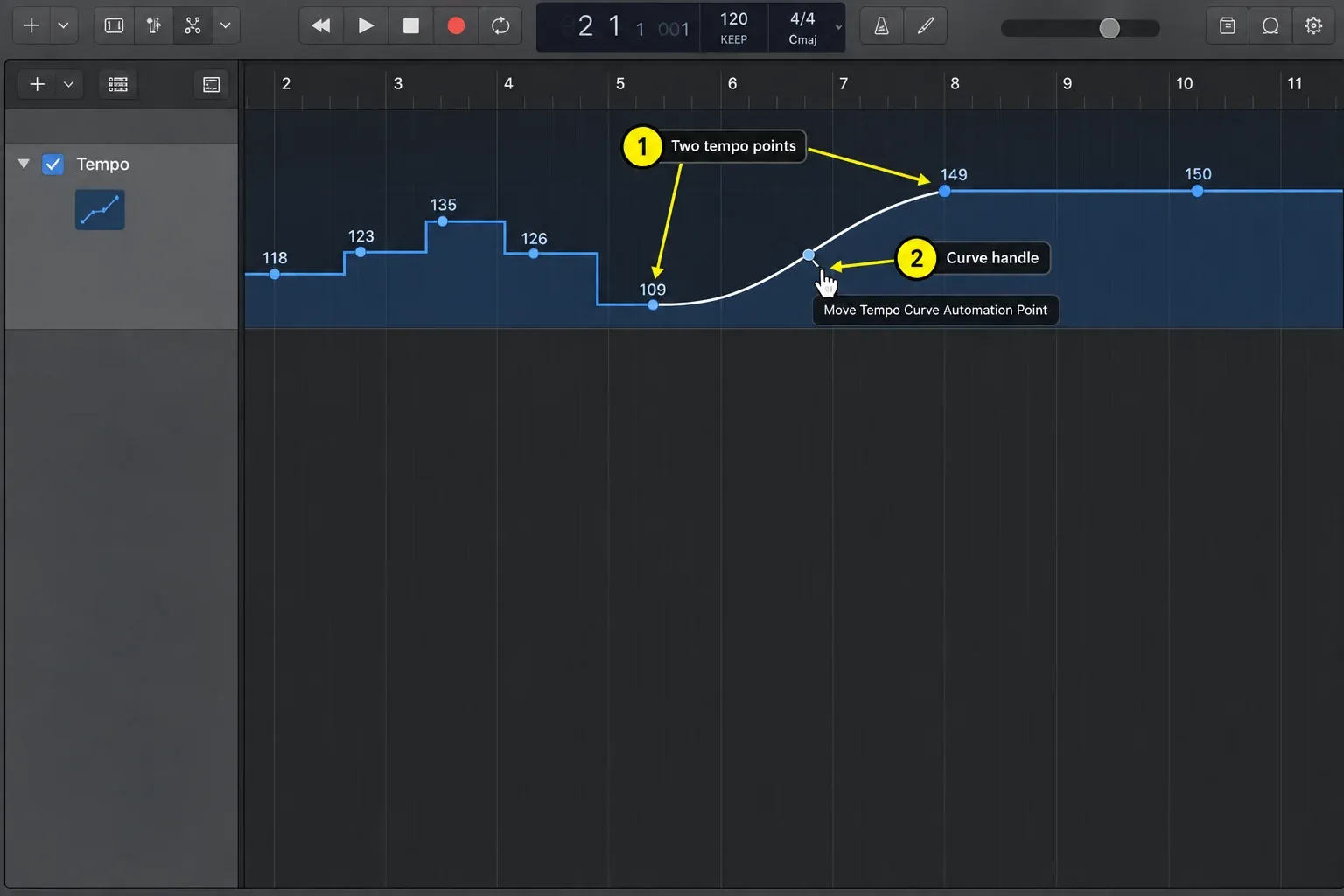 Logic Pro Tempo track with a curved gradual tempo change between points at 109 and 149 BPM