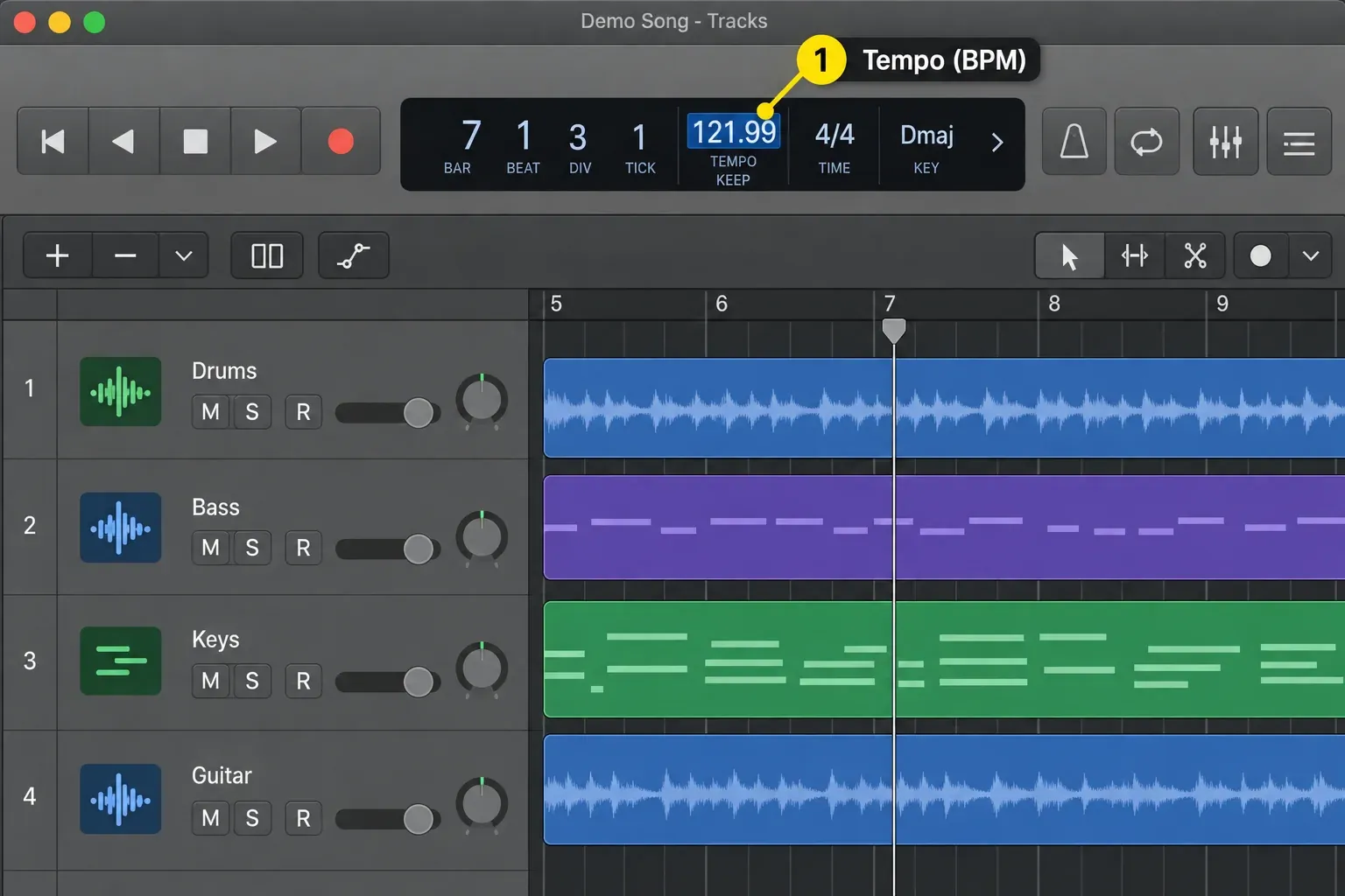 Logic Pro LCD in the control bar with the project tempo value 121.99 selected for editing