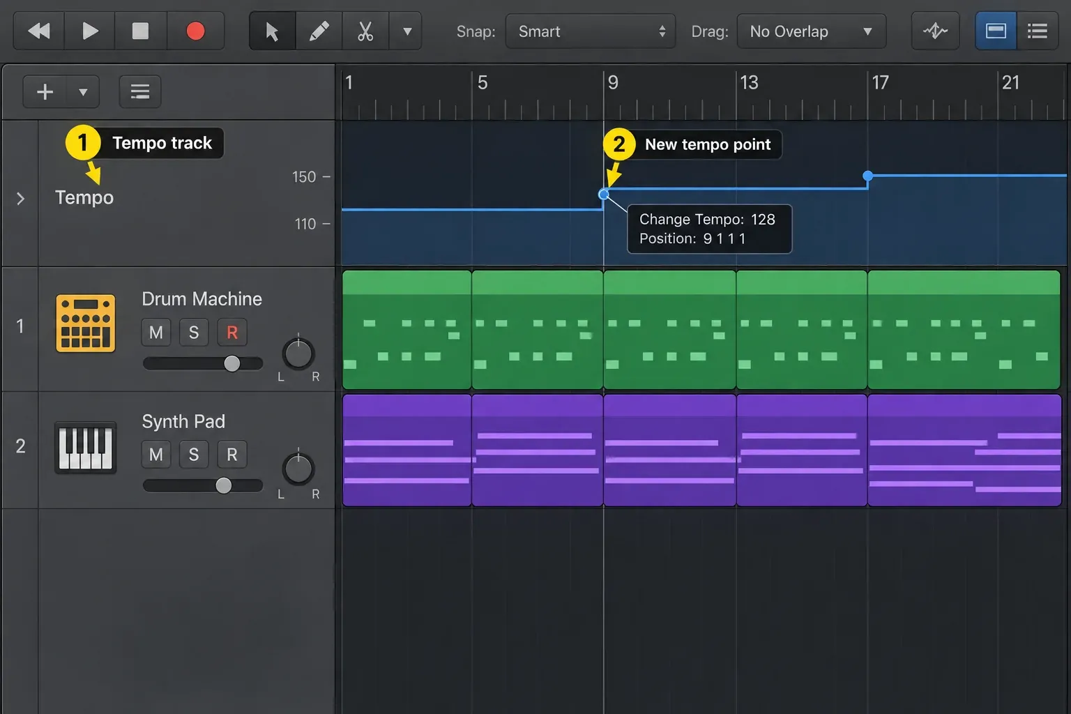 Logic Pro Tempo track with tempo points and a help tag showing a tempo change to 128 at bar 9
