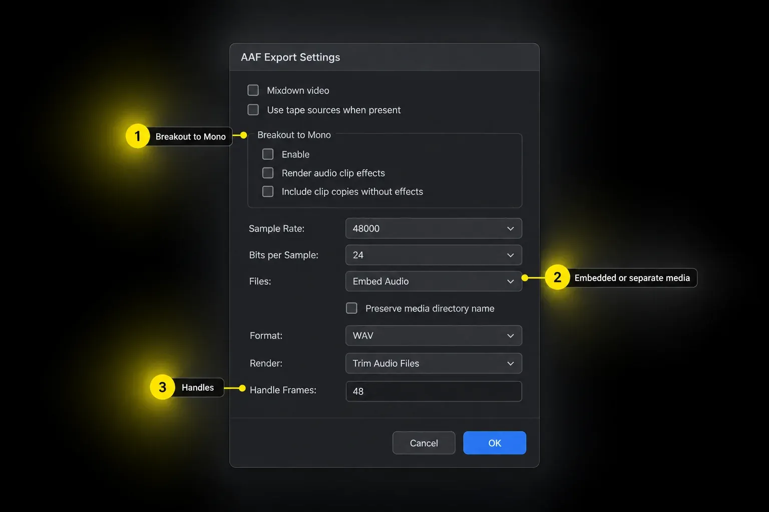 AAF Export Settings dialog with Breakout to Mono, embedded media, format, trimming and handle frame options