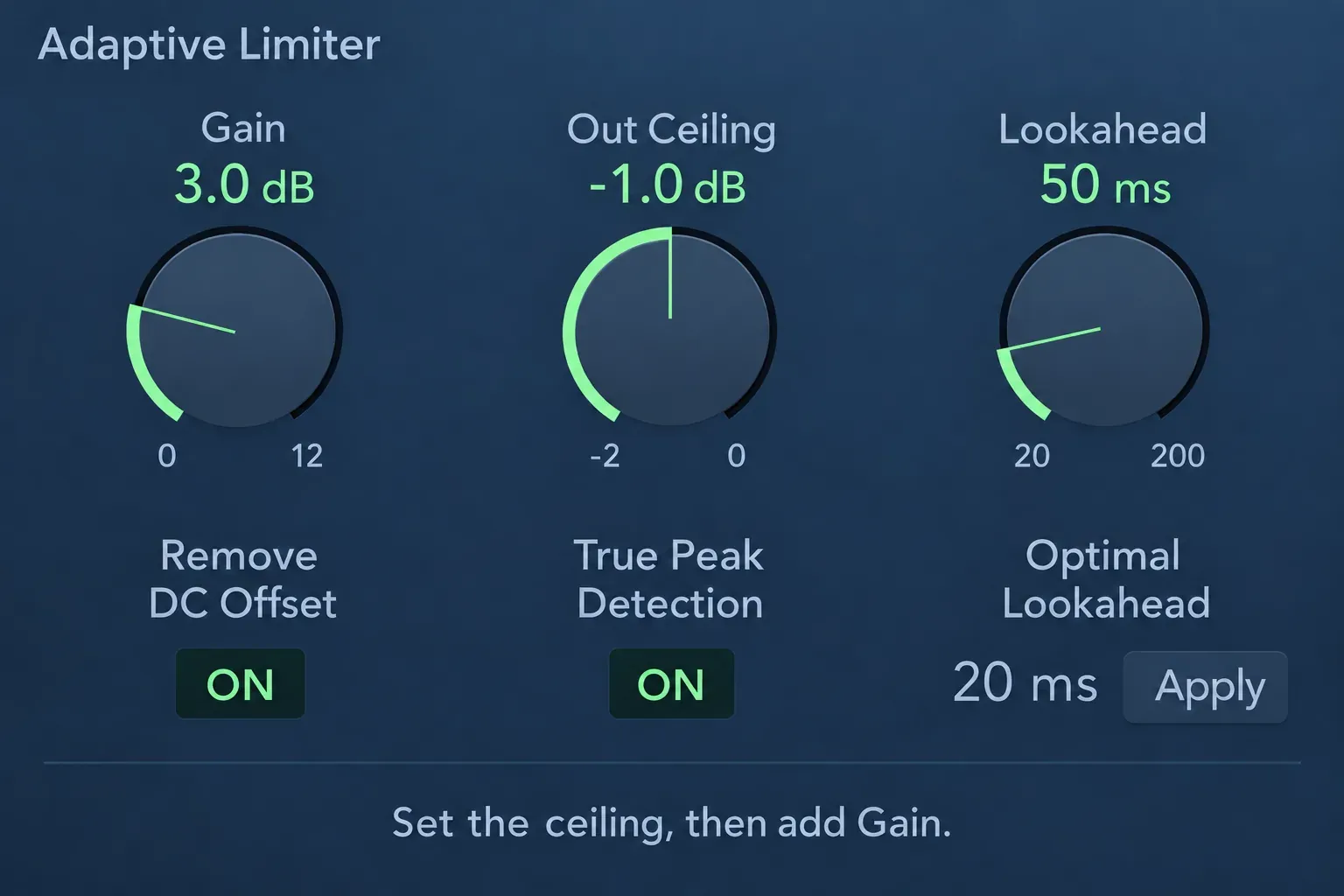 Logic Pro Adaptive Limiter with Gain, Out Ceiling, Lookahead, Remove DC Offset, True Peak Detection and Optimal Lookahead Apply