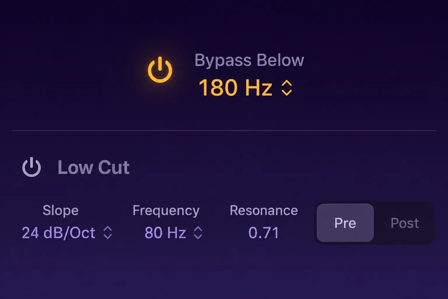 ChromaGlow Bypass Below enabled at 180 Hz with the Low Cut filter switched off