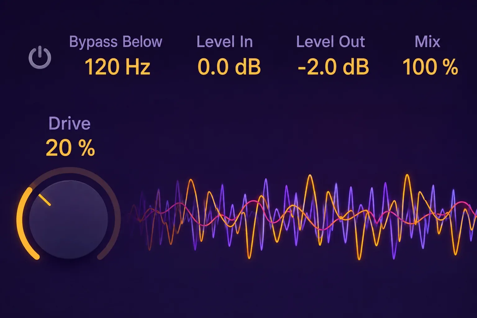 ChromaGlow Drive at 20 percent, Level In at 0 dB, Level Out at minus 2 dB and Mix at 100 percent