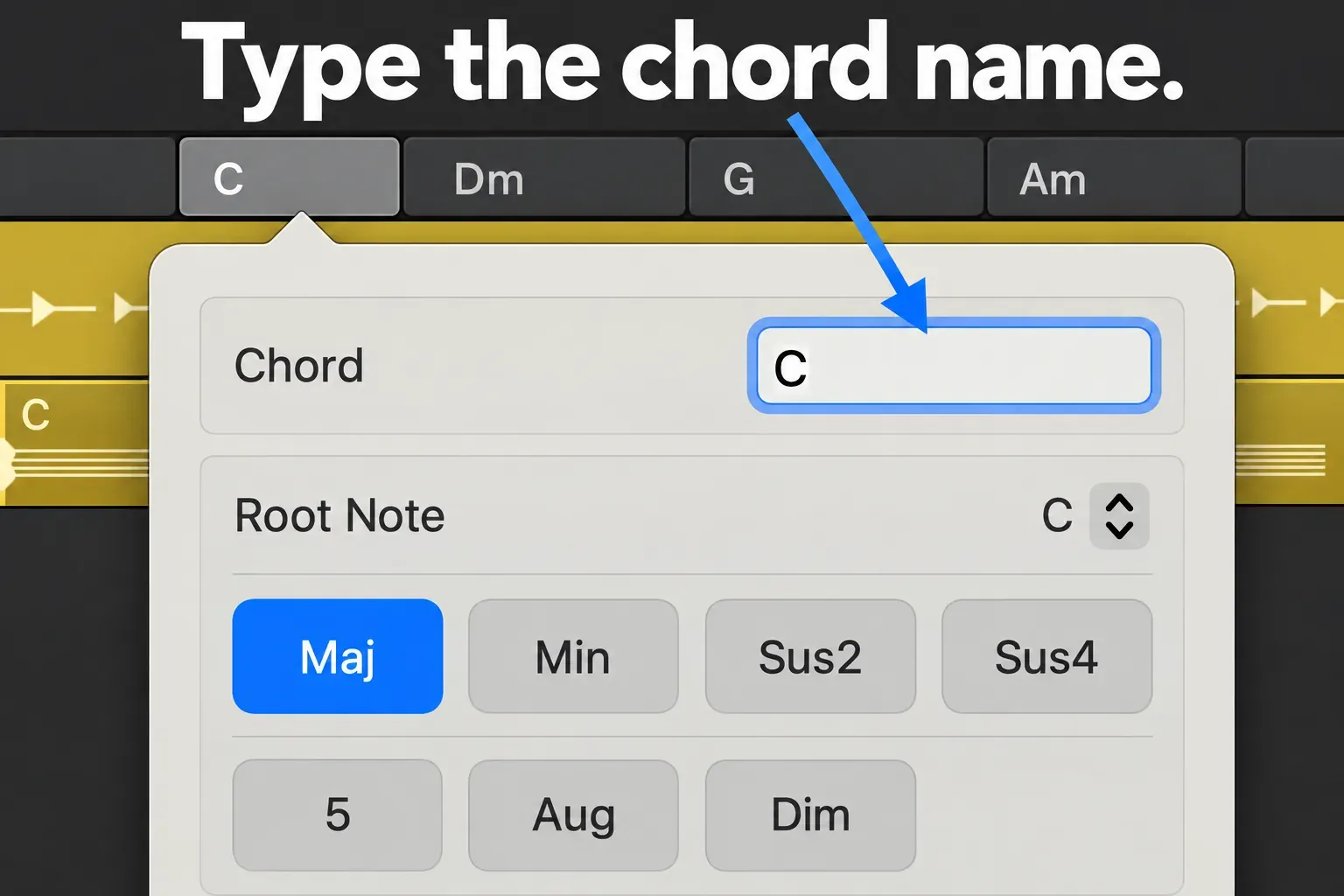 Upper section of Logic Pro Edit Chord showing C in the Chord field, C as Root Note and Maj selected