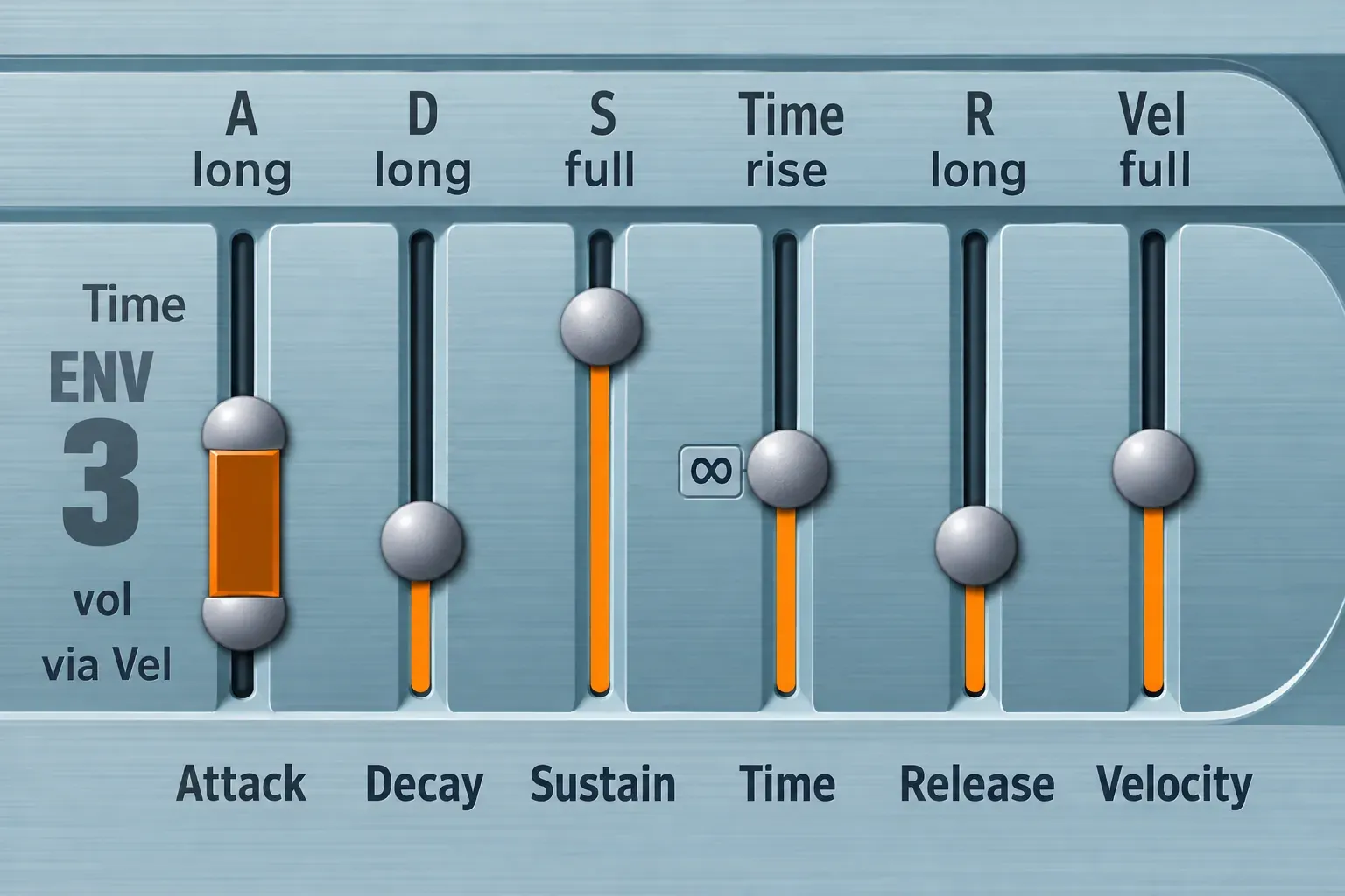 ES2 ENV3 volume envelope with Attack, Decay, Sustain and Time, Release and Velocity controls