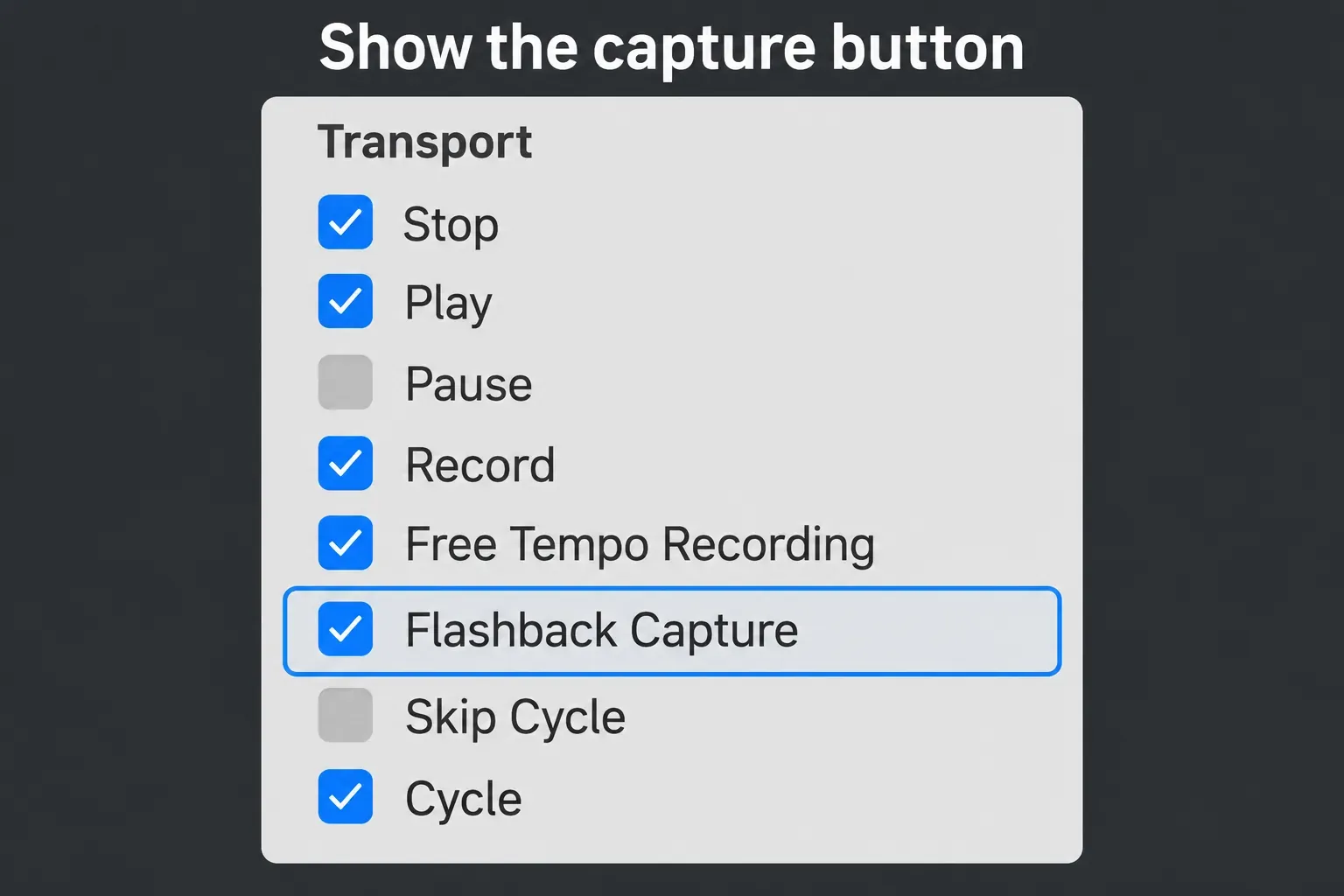 Logic Pro control bar customization with the Flashback Capture checkbox selected in the Transport column