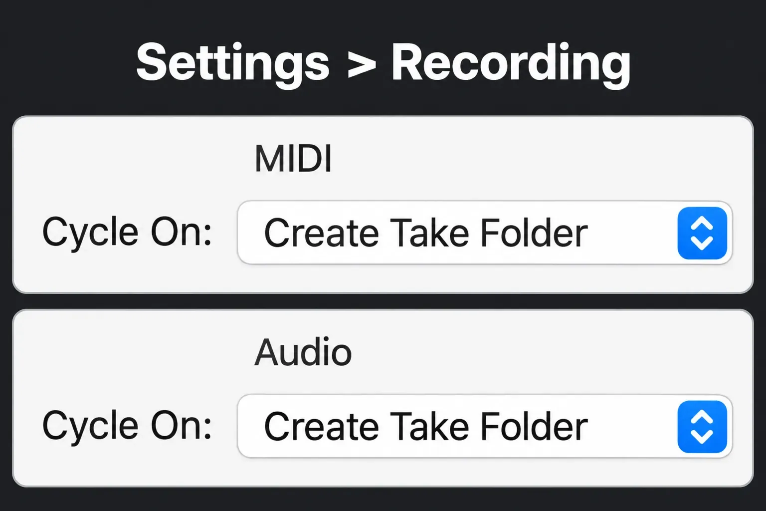 Logic Pro Recording settings showing Create Take Folder in both the MIDI and Audio Cycle On pop-up menus