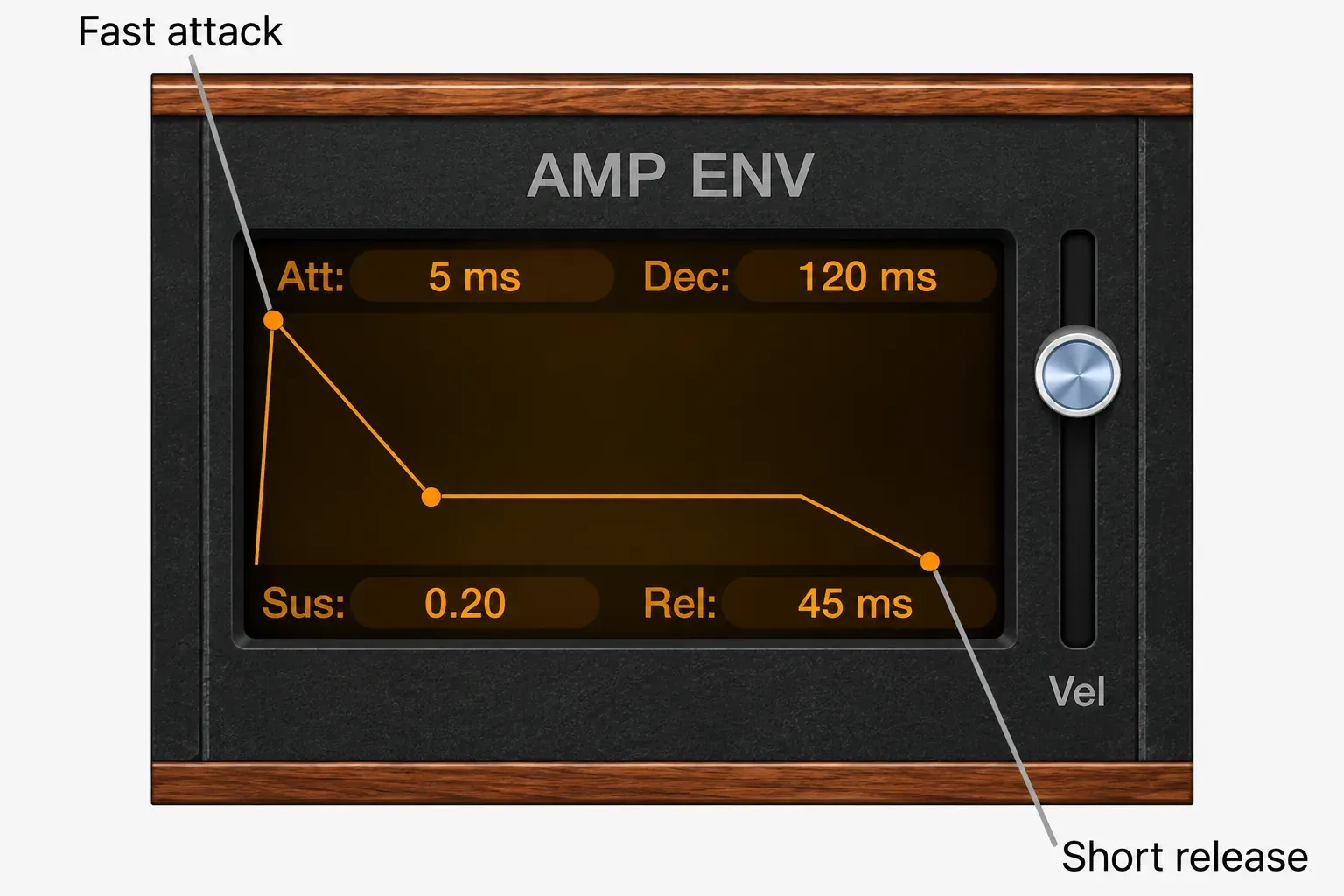 Retro Synth AMP ENV with a fast attack, low sustain and short release for a plucked house bass