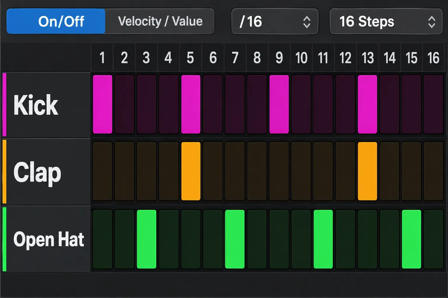 Logic Pro Step Sequencer with a 16-step house pattern: kick on 1, 5, 9 and 13, clap on 5 and 13, open hat on 3, 7, 11 and 15