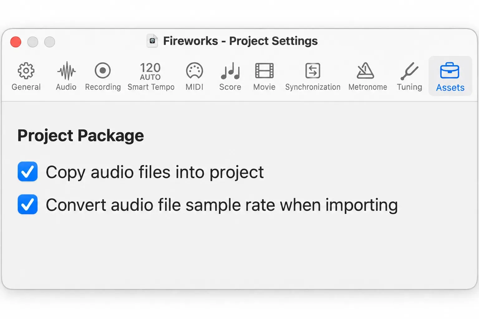 Logic Pro Assets settings with Copy audio files into project and Convert audio file sample rate when importing selected
