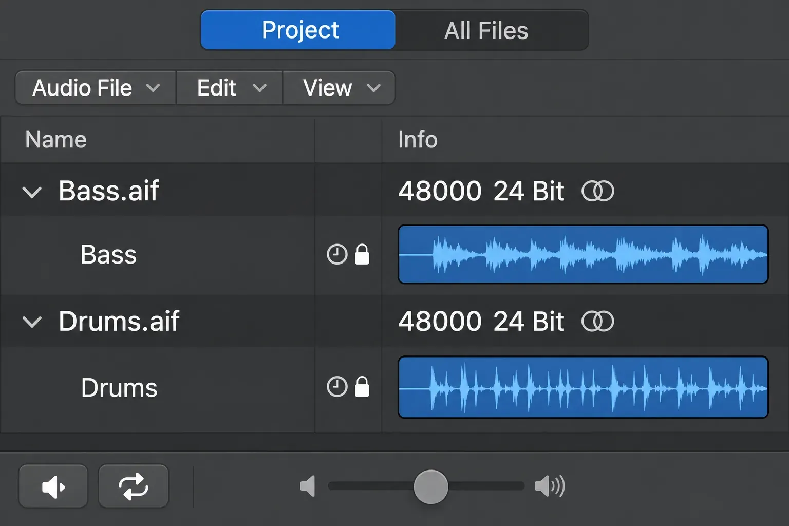 Logic Pro Project Audio Browser showing Bass and Drums audio files with indented regions and sample-rate information